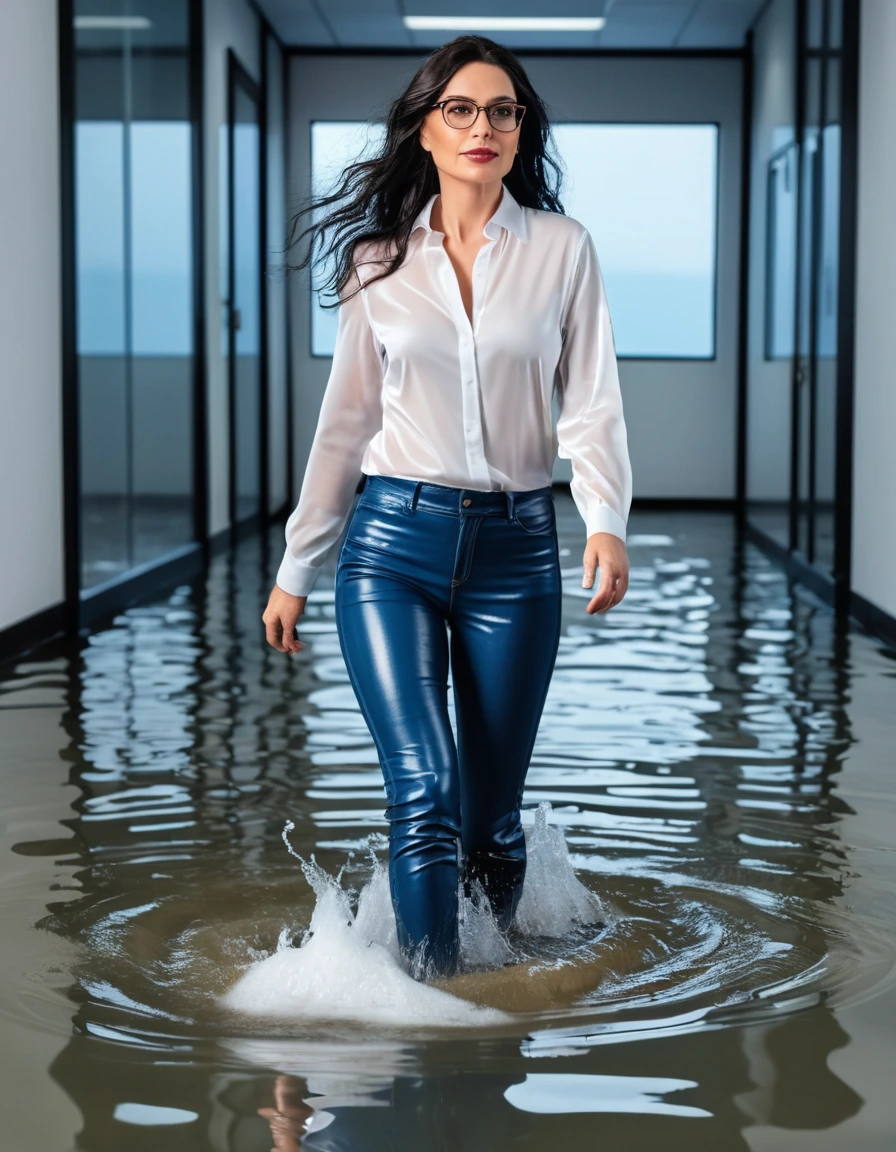 photo of young woman, in soaking wet, drenched clothes,
office shoes , long blUE leather jeans, white silk satin shirt with long sleeves, walking submerged in flooded office, 
enjoying, wet clothes stuck to body,
detailed textures of the wet clothes, wet face, wet plastered hair,
wet, drenched, professional, high-quality details, full body view.
sharp focus, ultra-high pixel detail, realistic, high-quality, full colors, incredibly detailed, 4k, 8k, 16k, hyper-realistic, RAW photo, masterpiece, ultra-detailed, professionally color graded, professional photograph, woman 51 years old, long black hair, very big and thick lips, office glasses, complete body, open mouth, dry skin, dry clothes, dry fabric, dry skin, dry clothes, dry fabric, dry skin, dry clothes, dry fabric, dry skin, dry clothes, dry fabric, dry skin, dry clothes, dry fabric, dry skin, dry clothes, dry fabric