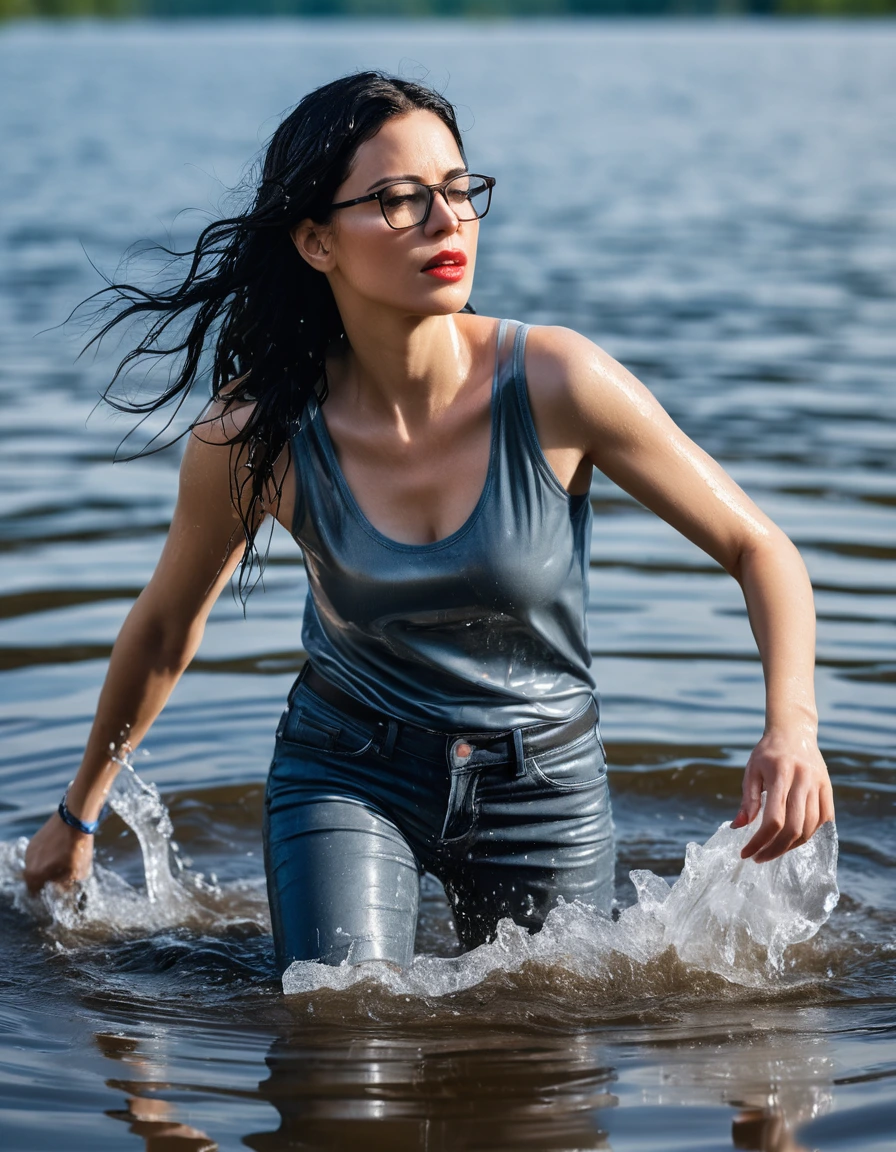 photo of young woman, in soaking wet, drenched clothes,
office shoes , long blue leather jeans, gray tank top, walking submerged in sunny deep lake, 
enjoying, wet clothes stuck to body,
detailed textures of the wet clothes, wet face, wet plastered hair,
wet, drenched, professional, high-quality details, full body view.
sharp focus, ultra-high pixel detail, realistic, high-quality, full colors, incredibly detailed, 4k, 8k, 16k, hyper-realistic, RAW photo, masterpiece, ultra-detailed, professionally color graded, professional photograph, woman 51 years old, long black hair, very big and thick lips, office glasses, complete body, open mouth, dry skin, dry clothes, dry fabric, dry skin, dry clothes, dry fabric