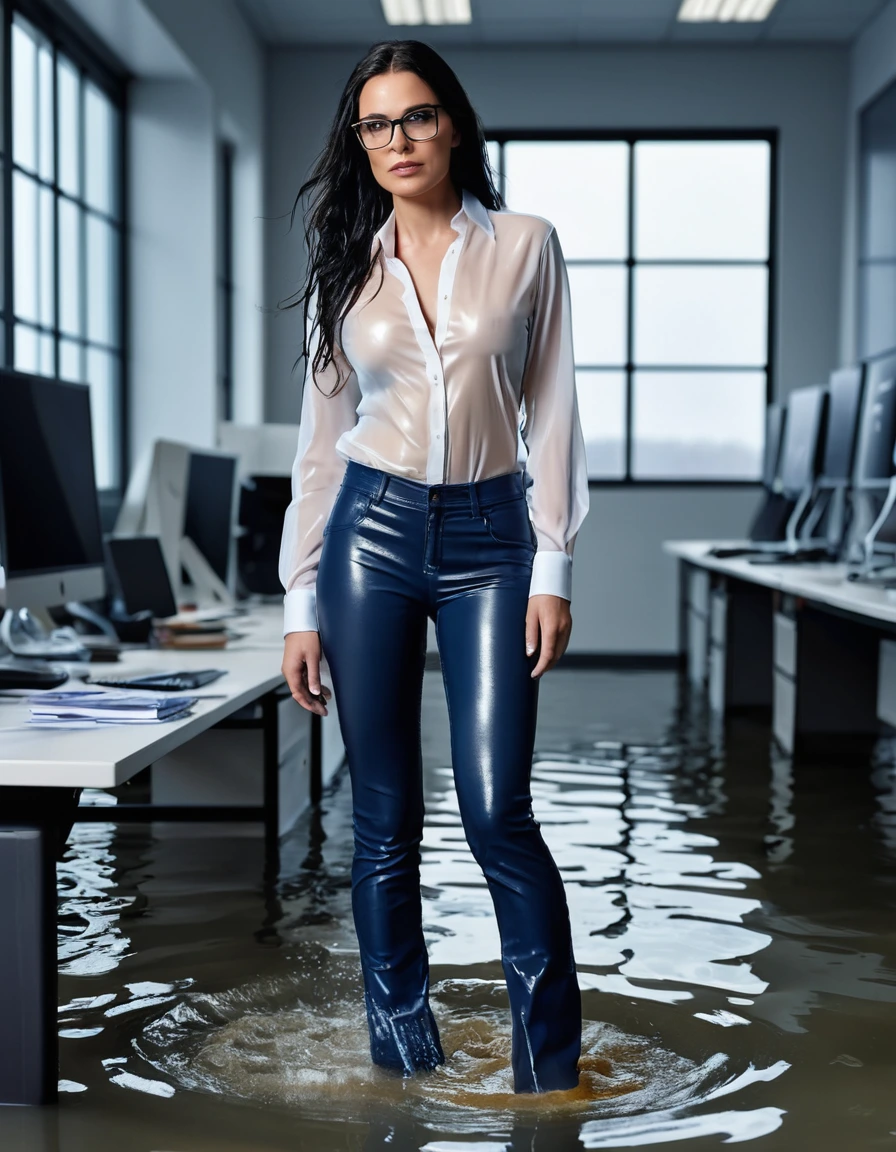 photo of young woman, in soaking wet, drenched clothes,
office shoes , long darkblue tight leather jeans, white soaked seethrough silk satin opened shirt with long sleeves over topless, walking submerged in flooded office, 
enjoying, wet clothes stuck to body,
detailed textures of the wet clothes, wet face, wet plastered hair,
wet, drenched, professional, high-quality details, full body view.
sharp focus, ultra-high pixel detail, realistic, high-quality, full colors, incredibly detailed, 4k, 8k, 16k, hyper-realistic, RAW photo, masterpiece, ultra-detailed, professionally color graded, professional photograph, Two woman 51 years old, long black hair, very big and thick lips, office glasses, complete body,, dry skin, dry clothes, dry fabric