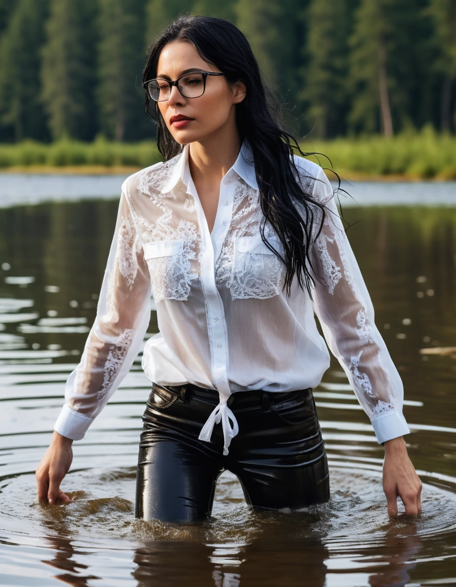 photo of young woman, in soaking wet, drenched clothes,
office shoes , long white leather jeans, white silk lace shirt with long sleeves, walking submerged in sunny deep lake, 
enjoying, wet clothes stuck to body,
detailed textures of the wet clothes, wet face, wet plastered hair,
wet, drenched, professional, high-quality details, full body view.
sharp focus, ultra-high pixel detail, realistic, high-quality, full colors, incredibly detailed, 4k, 8k, 16k, hyper-realistic, RAW photo, masterpiece, ultra-detailed, professionally color graded, professional photograph, woman 51 years old, long black hair, very big and thick lips, office glasses, complete body, open mouth, dry skin, dry clothes, dry fabric, dry skin, dry clothes, dry fabric, dry skin, dry clothes, dry fabric