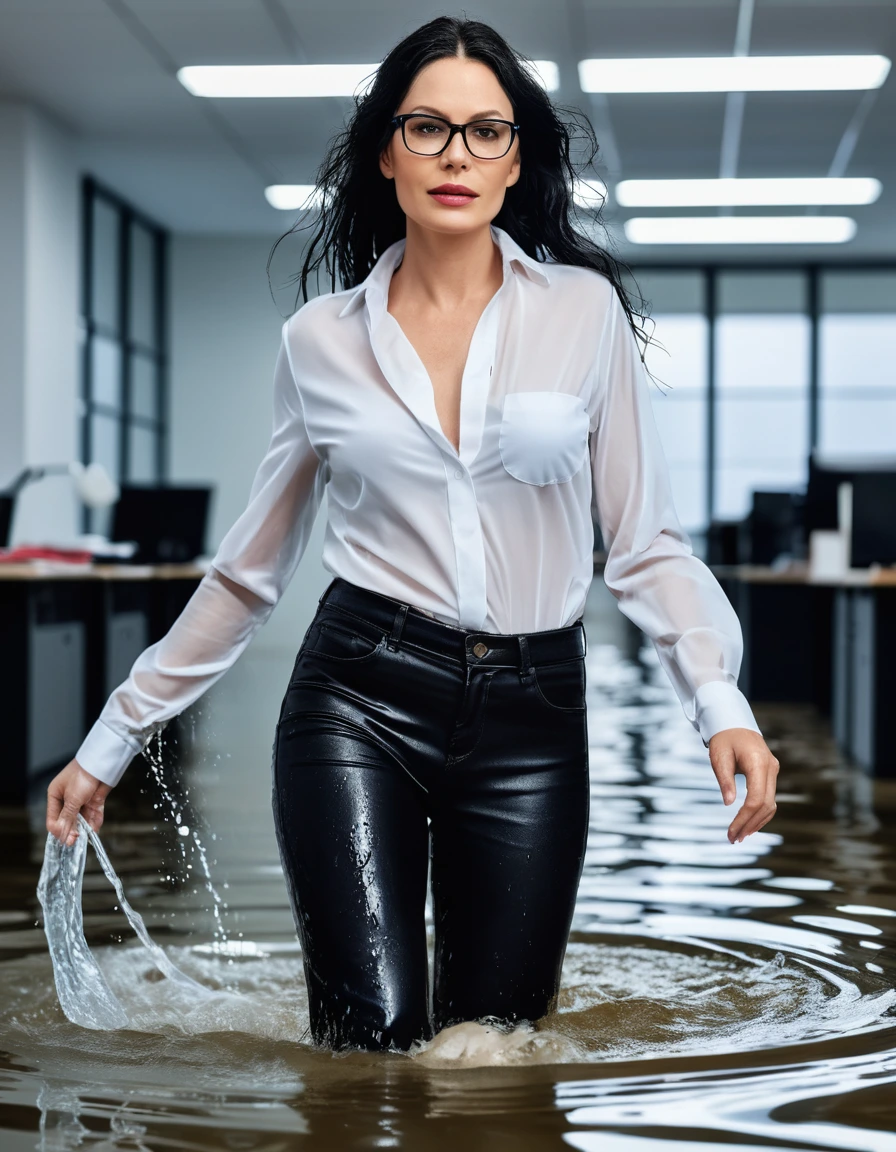 photo of young woman, in soaking wet, drenched clothes,
office shoes , long black leather jeans, white silk satin shirt with long sleeves, walking submerged in flooded office, 
enjoying, wet clothes stuck to body,
detailed textures of the wet clothes, wet face, wet plastered hair,
wet, drenched, professional, high-quality details, full body view.
sharp focus, ultra-high pixel detail, realistic, high-quality, full colors, incredibly detailed, 4k, 8k, 16k, hyper-realistic, RAW photo, masterpiece, ultra-detailed, professionally color graded, professional photograph, woman 51 years old, long black hair, very big and thick lips, office glasses, complete body, open mouth, dry skin, dry clothes, dry fabric, dry skin, dry clothes, dry fabric, dry skin, dry clothes, dry fabric, dry skin, dry clothes, dry fabric, dry skin, dry clothes, dry fabric