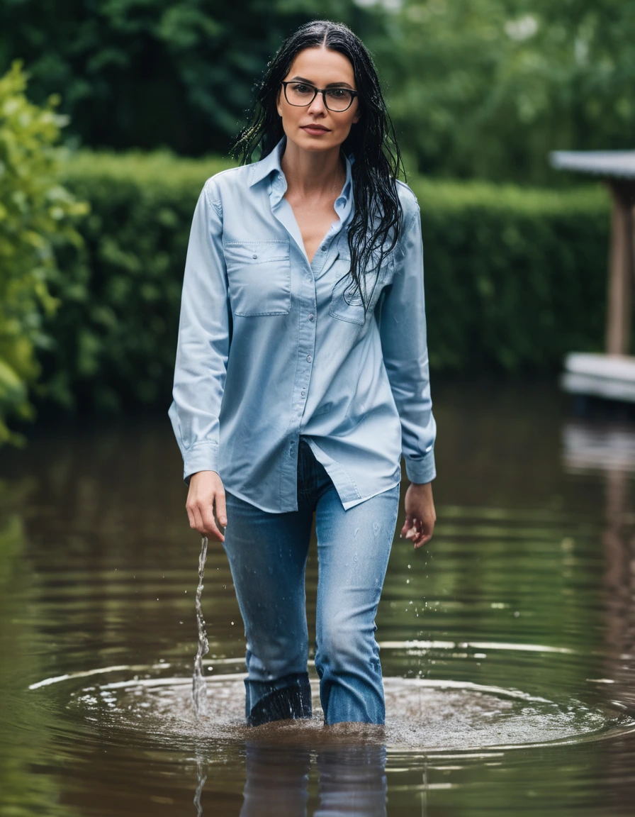 photo of young woman, in soaking wet, drenched clothes,
office shoes , long light blue jeans, light blue jeans shirt with long sleeves, walking submerged in flooded garden, 
enjoying, wet clothes stuck to body,
detailed textures of the wet clothes, wet face, wet plastered hair,
wet, drenched, professional, high-quality details, full body view.
sharp focus, ultra-high pixel detail, realistic, high-quality, full colors, incredibly detailed, 4k, 8k, 16k, hyper-realistic, RAW photo, masterpiece, ultra-detailed, professionally color graded, professional photograph, woman 51 years old, long black hair, very big and thick lips, office glasses, complete body, open mouth, dry skin, dry clothes, dry fabric, dry skin, dry clothes, dry fabric, dry skin, dry clothes, dry fabric, dry skin, dry clothes, dry fabric