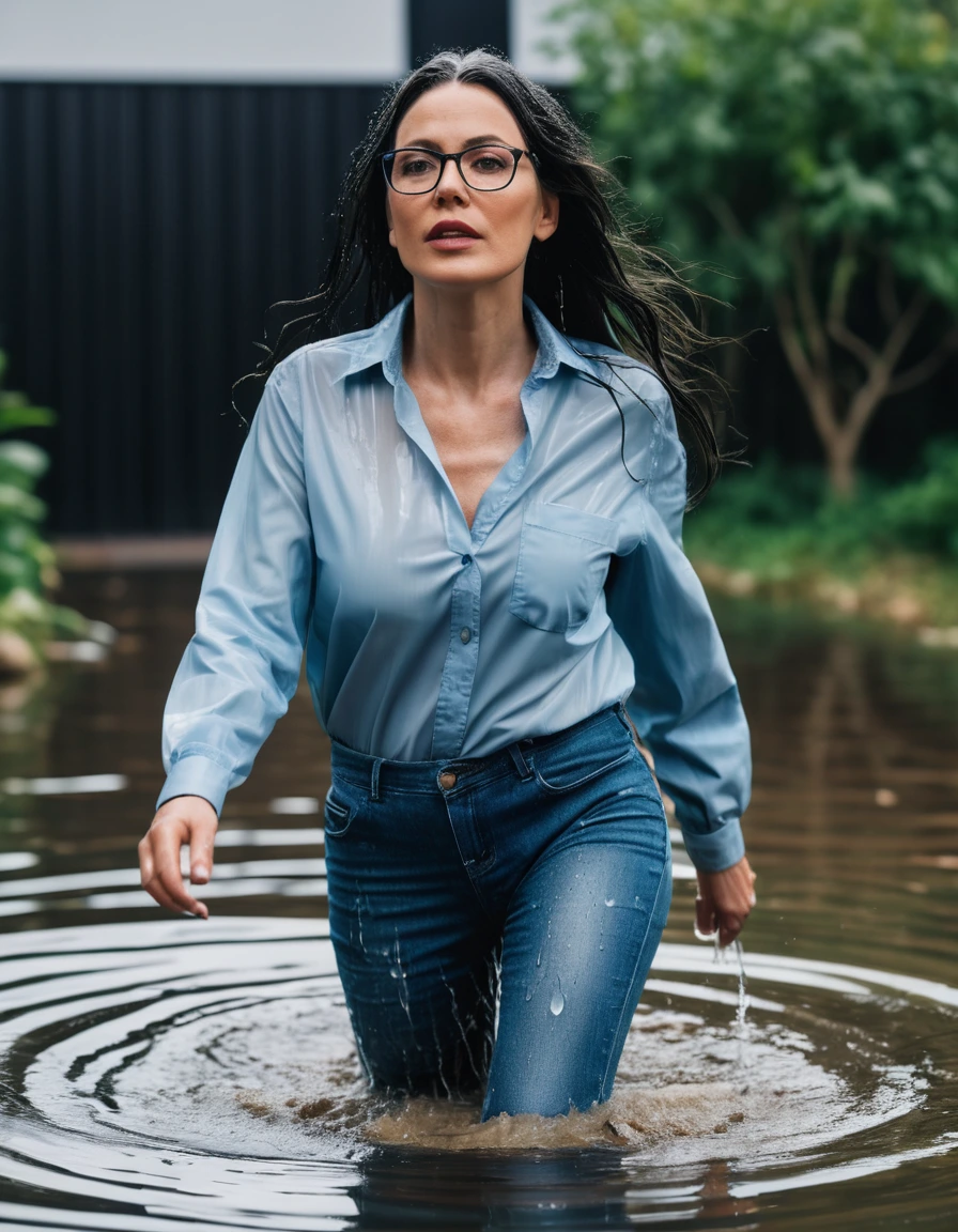 photo of young woman, in soaking wet, drenched clothes,
office shoes , long light blue jeans, light blue jeans shirt with long sleeves, walking submerged in flooded garden, 
enjoying, wet clothes stuck to body,
detailed textures of the wet clothes, wet face, wet plastered hair,
wet, drenched, professional, high-quality details, full body view.
sharp focus, ultra-high pixel detail, realistic, high-quality, full colors, incredibly detailed, 4k, 8k, 16k, hyper-realistic, RAW photo, masterpiece, ultra-detailed, professionally color graded, professional photograph, woman 51 years old, long black hair, very big and thick lips, office glasses, complete body, open mouth, dry skin, dry clothes, dry fabric, dry skin, dry clothes, dry fabric, dry skin, dry clothes, dry fabric, dry skin, dry clothes, dry fabric