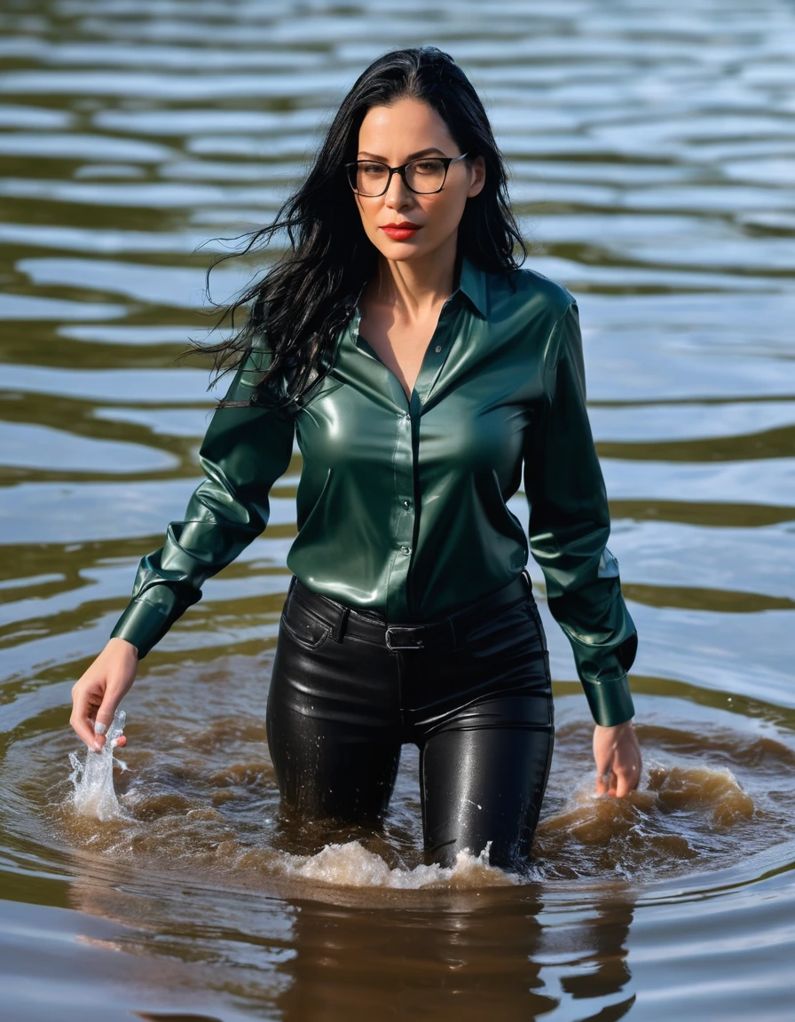 photo of young woman, in soaking wet, drenched clothes,
office shoes , long black leather jeans, dark green satin shirt with long sleeves, walking submerged in sunny deep lake, 
enjoying, wet clothes stuck to body,
detailed textures of the wet clothes, wet face, wet plastered hair,
wet, drenched, professional, high-quality details, full body view.
sharp focus, ultra-high pixel detail, realistic, high-quality, full colors, incredibly detailed, 4k, 8k, 16k, hyper-realistic, RAW photo, masterpiece, ultra-detailed, professionally color graded, professional photograph, woman 51 years old, long black hair, very big and thick lips, office glasses, complete body, open mouth, dry skin, dry clothes, dry fabric, dry skin, dry clothes, dry fabric, dry skin, dry clothes, dry fabric