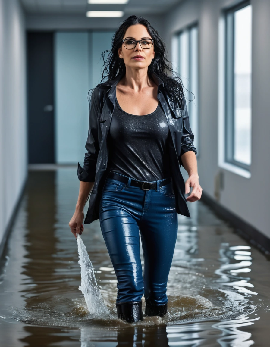 photo of young woman, in soaking wet, drenched clothes,
office shoes , long blue leather jeans, black leather jeans tank top with long sleeves, walking in flooded office, 
enjoying, wet clothes stuck to body,
detailed textures of the wet clothes, wet face, wet plastered hair,
wet, drenched, professional, high-quality details, full body view.
sharp focus, ultra-high pixel detail, realistic, high-quality, full colors, incredibly detailed, 4k, 8k, 16k, hyper-realistic, RAW photo, masterpiece, ultra-detailed, professionally color graded, professional photograph, woman 51 years old, long black hair, very big and thick lips, office glasses, complete body, open mouth, dry skin, dry clothes, dry fabric, dry skin, dry clothes, dry fabric