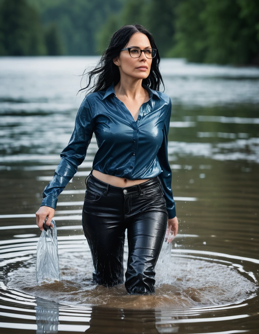 photo of young woman, in soaking wet, drenched clothes,
office shoes , long blue leather jeans, black leather jeans tank top with long sleeves, walking submerged in sunny deep lake, 
enjoying, wet clothes stuck to body,
detailed textures of the wet clothes, wet face, wet plastered hair,
wet, drenched, professional, high-quality details, full body view.
sharp focus, ultra-high pixel detail, realistic, high-quality, full colors, incredibly detailed, 4k, 8k, 16k, hyper-realistic, RAW photo, masterpiece, ultra-detailed, professionally color graded, professional photograph, woman 51 years old, long black hair, very big and thick lips, office glasses, complete body, open mouth, dry skin, dry clothes, dry fabric, dry skin, dry clothes, dry fabric