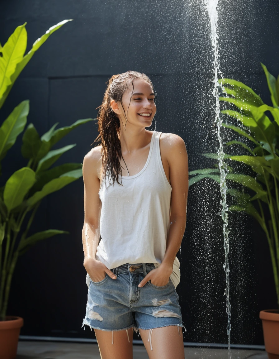 photo of young woman, in soaking wet, drenched clothes,
white canvas sneakers, soaked, light-wash denim shorts, dripping wet, fitted neon yellow cotton tank top, clinging to skin, urban apartment courtyard, daytime, 
enjoying, wet clothes stuck to body,
detailed textures of the wet clothes, wet face, wet plastered hair,
wet, drenched, professional, high-quality details, full body view.
sharp focus, ultra-high pixel detail, realistic, high-quality, full colors, incredibly detailed, 4k, 8k, 16k, hyper-realistic, RAW photo, masterpiece, ultra-detailed, professionally color graded, professional photograph, caught under broken garden sprinkler, glossy water reflections on fabric, glistening skin, dry skin, dry clothes, dry fabric