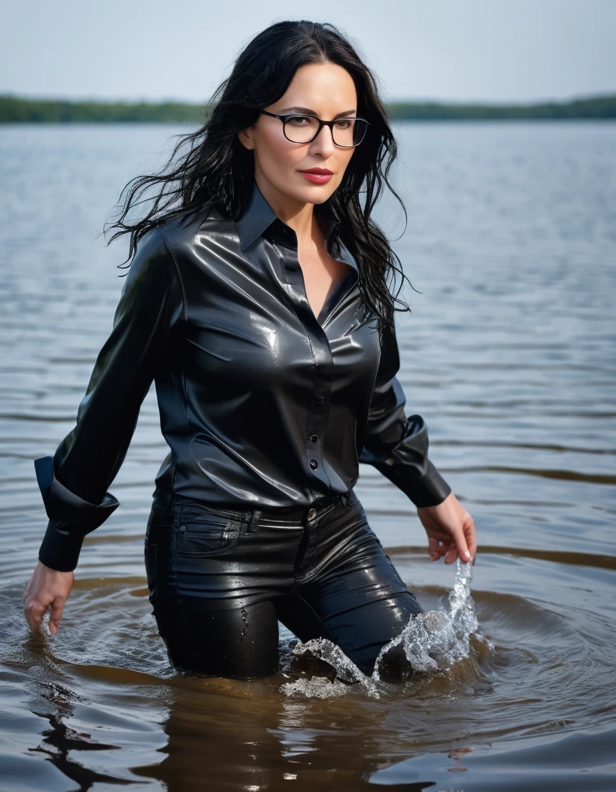 photo of young woman, in soaking wet, drenched clothes,
office shoes , long black leather jeans, black satin shirt with long sleeves, walking submerged in sunny deep lake, 
enjoying, wet clothes stuck to body,
detailed textures of the wet clothes, wet face, wet plastered hair,
wet, drenched, professional, high-quality details, full body view.
sharp focus, ultra-high pixel detail, realistic, high-quality, full colors, incredibly detailed, 4k, 8k, 16k, hyper-realistic, RAW photo, masterpiece, ultra-detailed, professionally color graded, professional photograph, woman 51 years old, long black hair, very big and thick lips, office glasses, complete body, open mouth, dry skin, dry clothes, dry fabric, dry skin, dry clothes, dry fabric