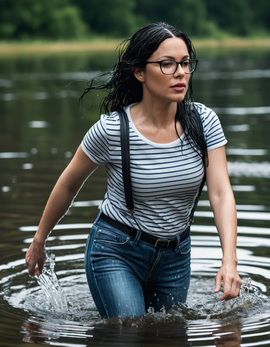 photo of young woman, in soaking wet, drenched clothes,
office shoes , long blue leather jeans, black & white striped tank top with short sleeves, walking submerged in sunny deep lake, 
enjoying, wet clothes stuck to body,
detailed textures of the wet clothes, wet face, wet plastered hair,
wet, drenched, professional, high-quality details, full body view.
sharp focus, ultra-high pixel detail, realistic, high-quality, full colors, incredibly detailed, 4k, 8k, 16k, hyper-realistic, RAW photo, masterpiece, ultra-detailed, professionally color graded, professional photograph, woman 51 years old, long black hair, very big and thick lips, office glasses, complete body, open mouth, dry skin, dry clothes, dry fabric