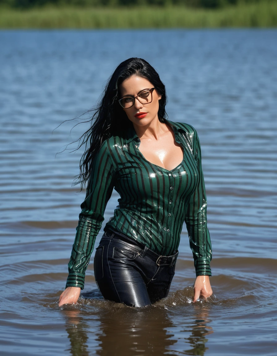 photo of young woman, in soaking wet, drenched clothes,
office shoes , long black leather jeans, black & dark green striped tank top with long sleeves, walking submerged in sunny deep lake, 
enjoying, wet clothes stuck to body,
detailed textures of the wet clothes, wet face, wet plastered hair,
wet, drenched, professional, high-quality details, full body view.
sharp focus, ultra-high pixel detail, realistic, high-quality, full colors, incredibly detailed, 4k, 8k, 16k, hyper-realistic, RAW photo, masterpiece, ultra-detailed, professionally color graded, professional photograph, woman 51 years old, long black hair, very big and thick lips, office glasses, complete body, open mouth, dry skin, dry clothes, dry fabric