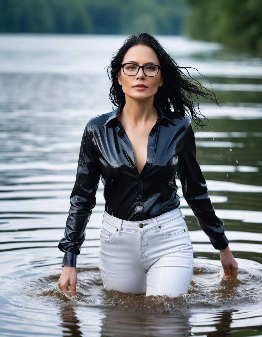 photo of young woman, in soaking wet, drenched clothes,
office shoes , white floral leather jeans, black tank top with long sleeves, walking submerged in sunny deep lake, 
enjoying, wet clothes stuck to body,
detailed textures of the wet clothes, wet face, wet plastered hair,
wet, drenched, professional, high-quality details, full body view.
sharp focus, ultra-high pixel detail, realistic, high-quality, full colors, incredibly detailed, 4k, 8k, 16k, hyper-realistic, RAW photo, masterpiece, ultra-detailed, professionally color graded, professional photograph, woman 51 years old, long black hair, very big and thick lips, office glasses, complete body, open mouth, dry skin, dry clothes, dry fabric