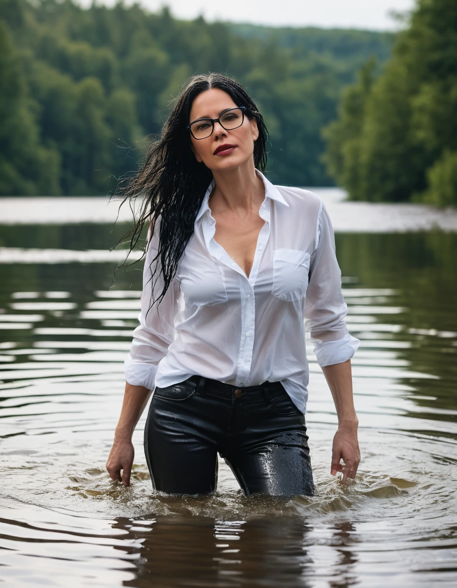 photo of young woman, in soaking wet, drenched clothes,
office shoes , long black leather jeans, white tank top with long sleeves, walking submerged in sunny deep lake, 
enjoying, wet clothes stuck to body,
detailed textures of the wet clothes, wet face, wet plastered hair,
wet, drenched, professional, high-quality details, full body view.
sharp focus, ultra-high pixel detail, realistic, high-quality, full colors, incredibly detailed, 4k, 8k, 16k, hyper-realistic, RAW photo, masterpiece, ultra-detailed, professionally color graded, professional photograph, woman 51 years old, long black hair, very big and thick lips, office glasses, complete body, open mouth, dry skin, dry clothes, dry fabric