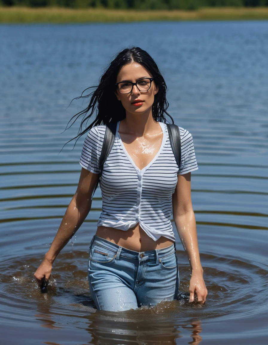 photo of young woman, in soaking wet, drenched clothes,
office shoes , long light blue leather jeans, black & white striped tank top with short sleeves, walking submerged in sunny deep lake, 
enjoying, wet clothes stuck to body,
detailed textures of the wet clothes, wet face, wet plastered hair,
wet, drenched, professional, high-quality details, full body view.
sharp focus, ultra-high pixel detail, realistic, high-quality, full colors, incredibly detailed, 4k, 8k, 16k, hyper-realistic, RAW photo, masterpiece, ultra-detailed, professionally color graded, professional photograph, woman 51 years old, long black hair, very big and thick lips, office glasses, complete body, open mouth, dry skin, dry clothes, dry fabric