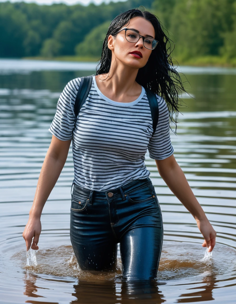 photo of young woman, in soaking wet, drenched clothes,
office shoes , long blue leather jeans, black & white striped tank top with short sleeves, walking submerged in sunny deep lake, 
enjoying, wet clothes stuck to body,
detailed textures of the wet clothes, wet face, wet plastered hair,
wet, drenched, professional, high-quality details, full body view.
sharp focus, ultra-high pixel detail, realistic, high-quality, full colors, incredibly detailed, 4k, 8k, 16k, hyper-realistic, RAW photo, masterpiece, ultra-detailed, professionally color graded, professional photograph, woman 51 years old, long black hair, very big and thick lips, office glasses, complete body, open mouth, dry skin, dry clothes, dry fabric