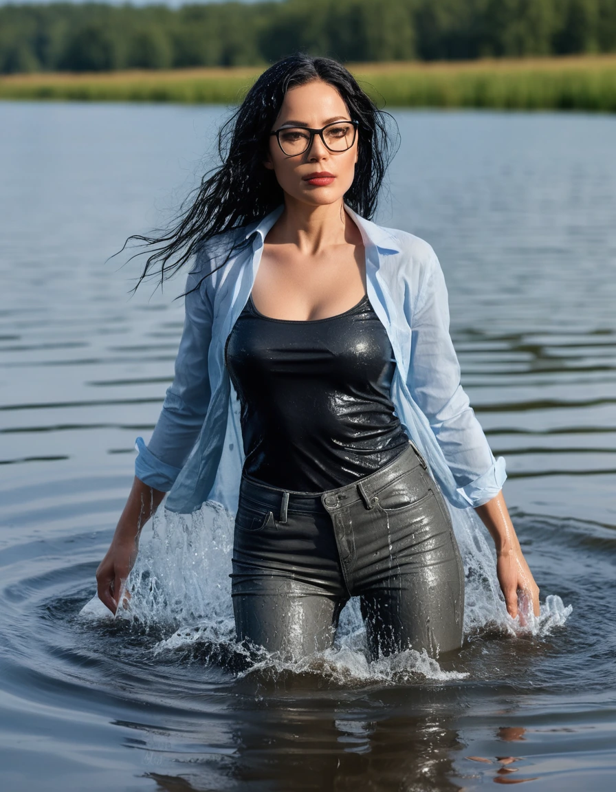 photo of young woman, in soaking wet, drenched clothes,
office shoes , light blue floral leather jeans, black tank top with long sleeves, walking submerged in sunny deep lake, 
enjoying, wet clothes stuck to body,
detailed textures of the wet clothes, wet face, wet plastered hair,
wet, drenched, professional, high-quality details, full body view.
sharp focus, ultra-high pixel detail, realistic, high-quality, full colors, incredibly detailed, 4k, 8k, 16k, hyper-realistic, RAW photo, masterpiece, ultra-detailed, professionally color graded, professional photograph, woman 51 years old, long black hair, very big and thick lips, office glasses, complete body, open mouth, dry skin, dry clothes, dry fabric
