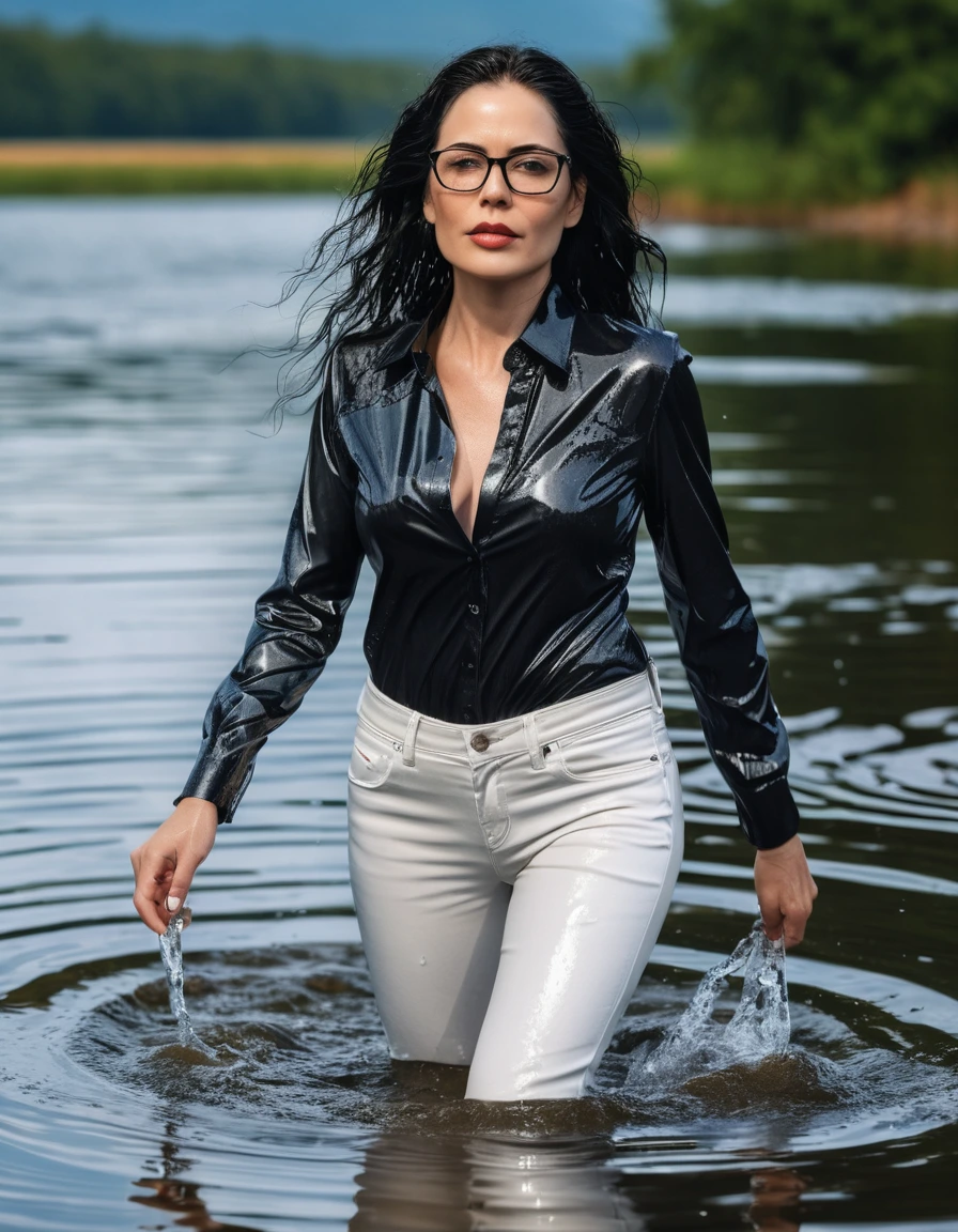 photo of young woman, in soaking wet, drenched clothes,
office shoes , white floral leather jeans, black tank top with long sleeves, walking submerged in sunny deep lake, 
enjoying, wet clothes stuck to body,
detailed textures of the wet clothes, wet face, wet plastered hair,
wet, drenched, professional, high-quality details, full body view.
sharp focus, ultra-high pixel detail, realistic, high-quality, full colors, incredibly detailed, 4k, 8k, 16k, hyper-realistic, RAW photo, masterpiece, ultra-detailed, professionally color graded, professional photograph, woman 51 years old, long black hair, very big and thick lips, office glasses, complete body, open mouth, dry skin, dry clothes, dry fabric