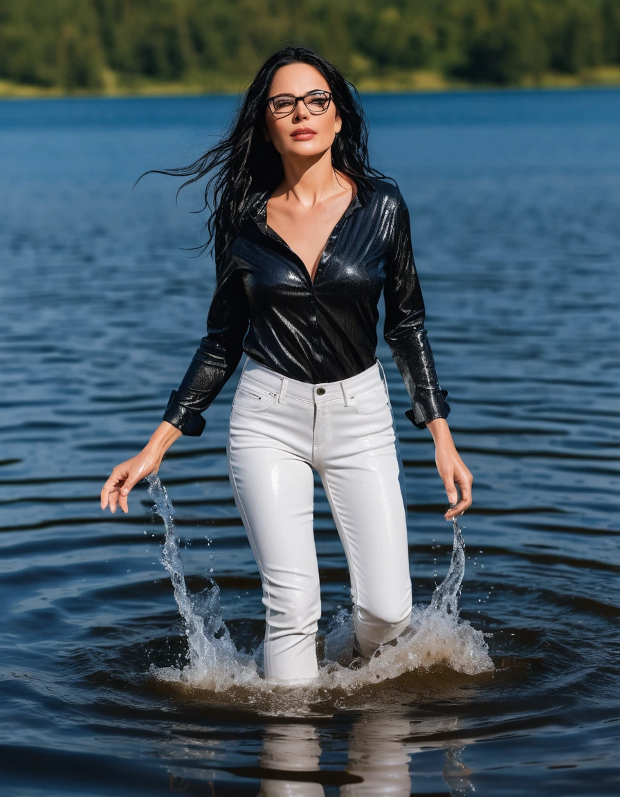 photo of young woman, in soaking wet, drenched clothes,
office shoes , white floral leather jeans, black tank top with long sleeves, walking submerged in sunny deep lake, 
enjoying, wet clothes stuck to body,
detailed textures of the wet clothes, wet face, wet plastered hair,
wet, drenched, professional, high-quality details, full body view.
sharp focus, ultra-high pixel detail, realistic, high-quality, full colors, incredibly detailed, 4k, 8k, 16k, hyper-realistic, RAW photo, masterpiece, ultra-detailed, professionally color graded, professional photograph, woman 51 years old, long black hair, very big and thick lips, office glasses, complete body, open mouth, dry skin, dry clothes, dry fabric