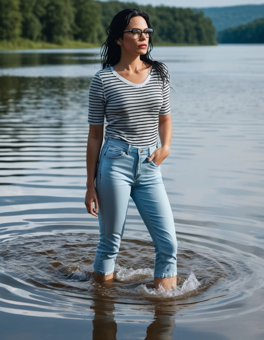 photo of young woman, in soaking wet, drenched clothes,
office shoes , long light blue leather jeans, black & white striped tank top with short sleeves, walking submerged in sunny deep lake, 
enjoying, wet clothes stuck to body,
detailed textures of the wet clothes, wet face, wet plastered hair,
wet, drenched, professional, high-quality details, full body view.
sharp focus, ultra-high pixel detail, realistic, high-quality, full colors, incredibly detailed, 4k, 8k, 16k, hyper-realistic, RAW photo, masterpiece, ultra-detailed, professionally color graded, professional photograph, woman 51 years old, long black hair, very big and thick lips, office glasses, complete body, open mouth, dry skin, dry clothes, dry fabric