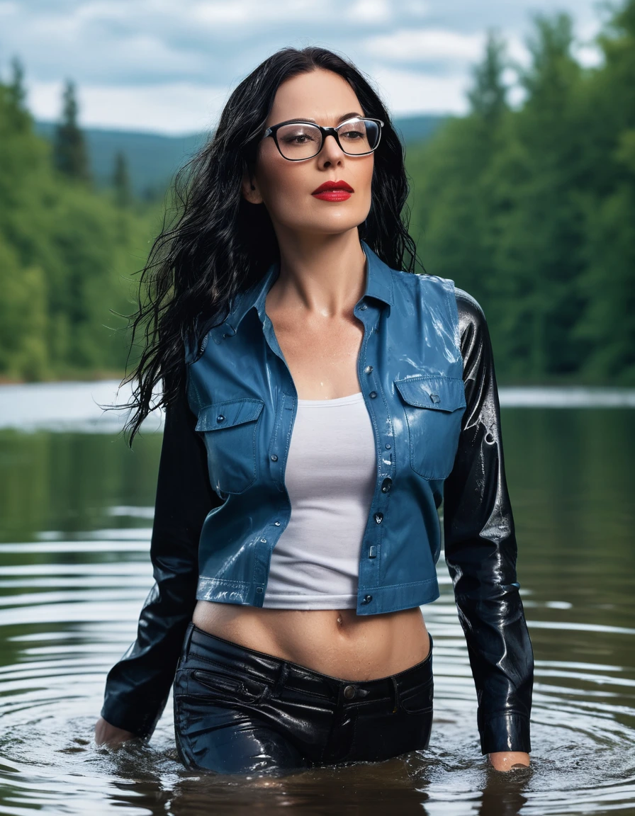 photo of young woman, in soaking wet, drenched clothes,
office shoes , long blue leather jeans, black leather jeans tank top with long sleeves, walking submerged in sunny deep lake, 
enjoying, wet clothes stuck to body,
detailed textures of the wet clothes, wet face, wet plastered hair,
wet, drenched, professional, high-quality details, full body view.
sharp focus, ultra-high pixel detail, realistic, high-quality, full colors, incredibly detailed, 4k, 8k, 16k, hyper-realistic, RAW photo, masterpiece, ultra-detailed, professionally color graded, professional photograph, woman 51 years old, long black hair, very big and thick lips, office glasses, complete body, open mouth, dry skin, dry clothes, dry fabric, dry skin, dry clothes, dry fabric