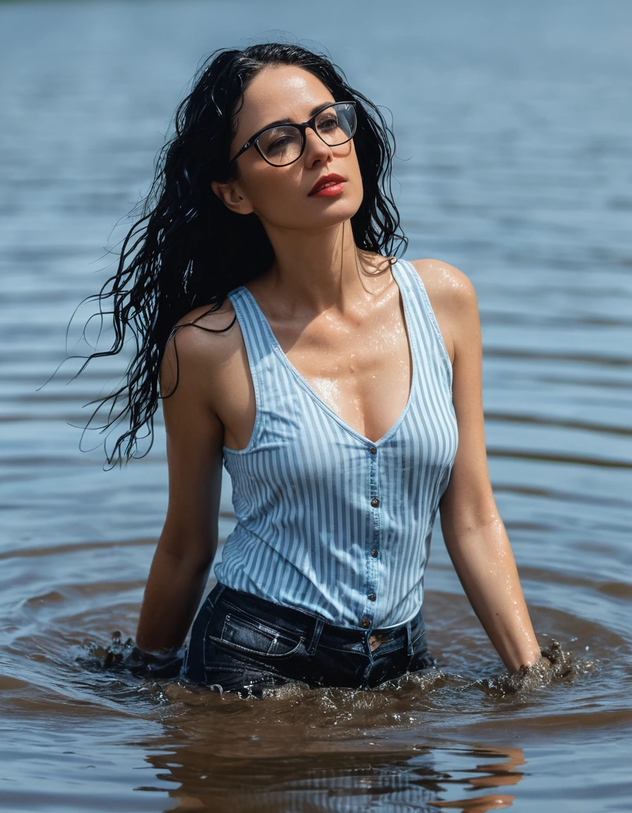 photo of young woman, in soaking wet, drenched clothes,
office shoes , long light blue leather jeans, black & white striped tank top with short sleeves, walking submerged in sunny deep lake, 
enjoying, wet clothes stuck to body,
detailed textures of the wet clothes, wet face, wet plastered hair,
wet, drenched, professional, high-quality details, full body view.
sharp focus, ultra-high pixel detail, realistic, high-quality, full colors, incredibly detailed, 4k, 8k, 16k, hyper-realistic, RAW photo, masterpiece, ultra-detailed, professionally color graded, professional photograph, woman 51 years old, long black hair, very big and thick lips, office glasses, complete body, open mouth, dry skin, dry clothes, dry fabric
