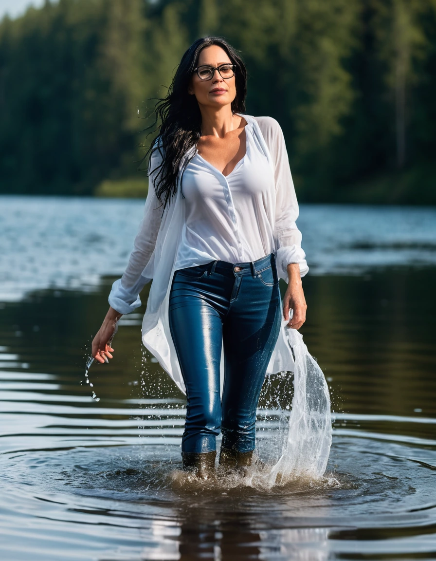 photo of young woman, in soaking wet, drenched clothes,
office shoes , long blue leather jeans, white tank top with long sleeves, walking submerged in sunny deep lake, 
enjoying, wet clothes stuck to body,
detailed textures of the wet clothes, wet face, wet plastered hair,
wet, drenched, professional, high-quality details, full body view.
sharp focus, ultra-high pixel detail, realistic, high-quality, full colors, incredibly detailed, 4k, 8k, 16k, hyper-realistic, RAW photo, masterpiece, ultra-detailed, professionally color graded, professional photograph, woman 51 years old, long black hair, very big and thick lips, office glasses, complete body, open mouth, dry skin, dry clothes, dry fabric