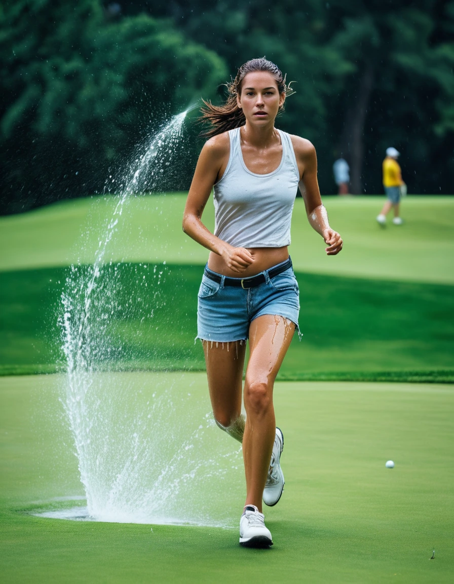 photo of young woman, in soaking wet, drenched clothes,
white canvas sneakers, soaked, light-wash denim shorts, dripping wet, neon yellow silk tank top, clinging to skin, running through sprinklers on a golf course, 
enjoying, wet clothes stuck to body,
detailed textures of the wet clothes, wet face, wet plastered hair,
wet, drenched, professional, high-quality details, full body view.
sharp focus, ultra-high pixel detail, realistic, high-quality, full colors, incredibly detailed, 4k, 8k, 16k, hyper-realistic, RAW photo, masterpiece, ultra-detailed, professionally color graded, professional photograph, caught under broken garden sprinkler, glossy water reflections on fabric, glistening skin, dry skin, dry clothes, dry fabric