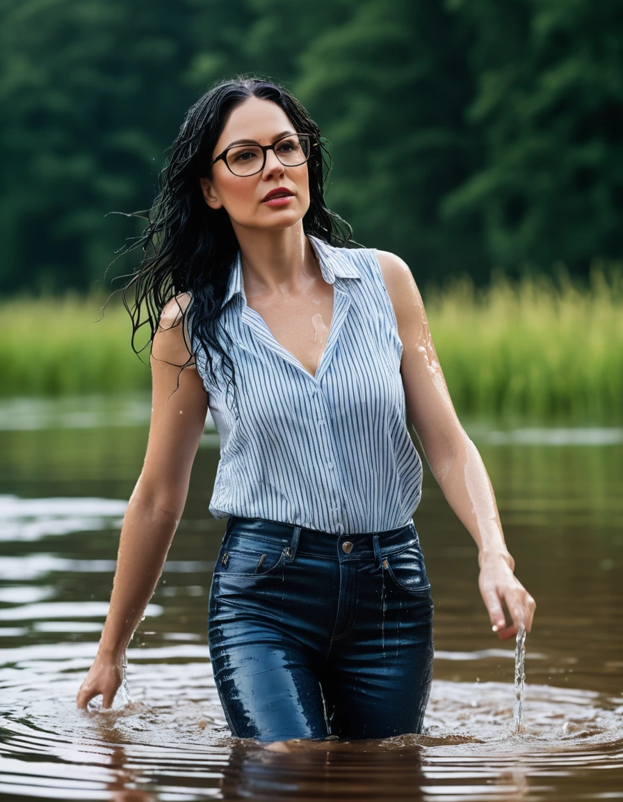 photo of young woman, in soaking wet, drenched clothes,
office shoes , long blue leather jeans, black & white striped tank top with short sleeves, walking submerged in sunny deep lake, 
enjoying, wet clothes stuck to body,
detailed textures of the wet clothes, wet face, wet plastered hair,
wet, drenched, professional, high-quality details, full body view.
sharp focus, ultra-high pixel detail, realistic, high-quality, full colors, incredibly detailed, 4k, 8k, 16k, hyper-realistic, RAW photo, masterpiece, ultra-detailed, professionally color graded, professional photograph, woman 51 years old, long black hair, very big and thick lips, office glasses, complete body, open mouth, dry skin, dry clothes, dry fabric