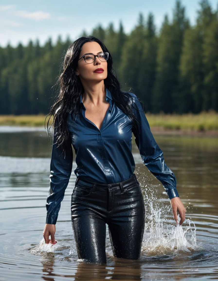 photo of young woman, in soaking wet, drenched clothes,
office shoes , long blue leather jeans, blacl tank top with long sleeves, walking submerged in sunny deep lake, 
enjoying, wet clothes stuck to body,
detailed textures of the wet clothes, wet face, wet plastered hair,
wet, drenched, professional, high-quality details, full body view.
sharp focus, ultra-high pixel detail, realistic, high-quality, full colors, incredibly detailed, 4k, 8k, 16k, hyper-realistic, RAW photo, masterpiece, ultra-detailed, professionally color graded, professional photograph, woman 51 years old, long black hair, very big and thick lips, office glasses, complete body, open mouth, dry skin, dry clothes, dry fabric