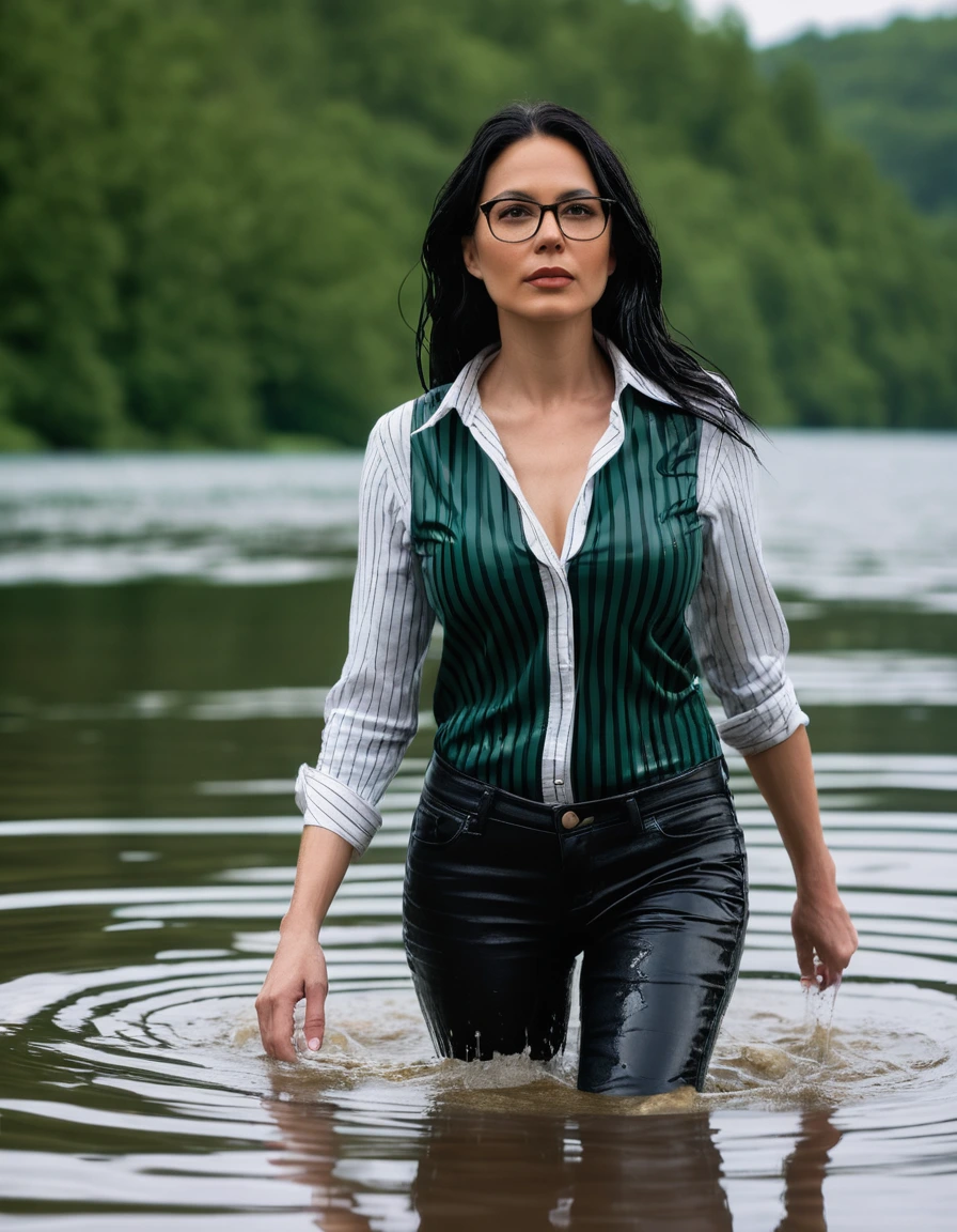 photo of young woman, in soaking wet, drenched clothes,
office shoes , long black leather jeans, black & dark green striped tank top with long sleeves, walking submerged in sunny deep lake, 
enjoying, wet clothes stuck to body,
detailed textures of the wet clothes, wet face, wet plastered hair,
wet, drenched, professional, high-quality details, full body view.
sharp focus, ultra-high pixel detail, realistic, high-quality, full colors, incredibly detailed, 4k, 8k, 16k, hyper-realistic, RAW photo, masterpiece, ultra-detailed, professionally color graded, professional photograph, woman 51 years old, long black hair, very big and thick lips, office glasses, complete body, open mouth, dry skin, dry clothes, dry fabric