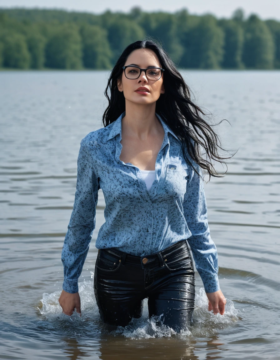 photo of young woman, in soaking wet, drenched clothes,
office shoes , light blue floral leather jeans, black tank top with long sleeves, walking submerged in sunny deep lake, 
enjoying, wet clothes stuck to body,
detailed textures of the wet clothes, wet face, wet plastered hair,
wet, drenched, professional, high-quality details, full body view.
sharp focus, ultra-high pixel detail, realistic, high-quality, full colors, incredibly detailed, 4k, 8k, 16k, hyper-realistic, RAW photo, masterpiece, ultra-detailed, professionally color graded, professional photograph, woman 51 years old, long black hair, very big and thick lips, office glasses, complete body, open mouth, dry skin, dry clothes, dry fabric