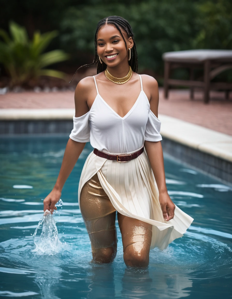 photo of young woman, in soaking wet, drenched clothes,
strappy high heels, soaked, pleated white maxi skirt, nude stockings, white garter belt, maroon turtleneck sweater dress, clinging to skin, walking into a pool, 
enjoying, wet clothes stuck to body,
detailed textures of the wet clothes, wet face, wet plastered hair,
wet, drenched, professional, high-quality details, full body view.
sharp focus, ultra-high pixel detail, realistic, high-quality, full colors, incredibly detailed, 4k, 8k, 16k, hyper-realistic, RAW photo, masterpiece, ultra-detailed, professionally color graded, professional photograph, smile, glistening skin, gold earrings, gold necklace, gold belt, dry skin, dry clothes, dry fabric
