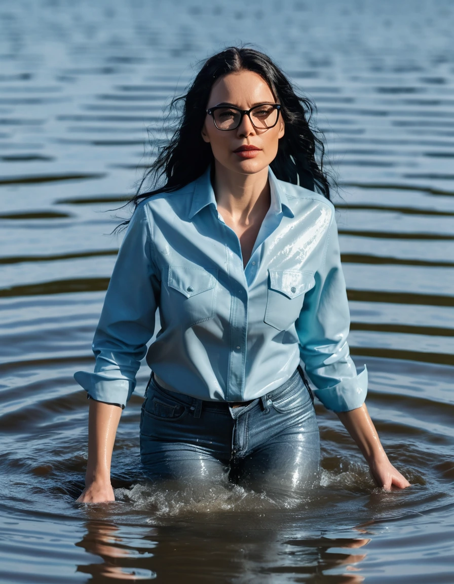 photo of young woman, in soaking wet, drenched clothes,
office shoes , long light blue leather jeans, light blue jeans shirt with long sleeves, walking submerged in sunny deep lake, 
enjoying, wet clothes stuck to body,
detailed textures of the wet clothes, wet face, wet plastered hair,
wet, drenched, professional, high-quality details, full body view.
sharp focus, ultra-high pixel detail, realistic, high-quality, full colors, incredibly detailed, 4k, 8k, 16k, hyper-realistic, RAW photo, masterpiece, ultra-detailed, professionally color graded, professional photograph, woman 51 years old, long black hair, very big and thick lips, office glasses, complete body, open mouth, dry skin, dry clothes, dry fabric