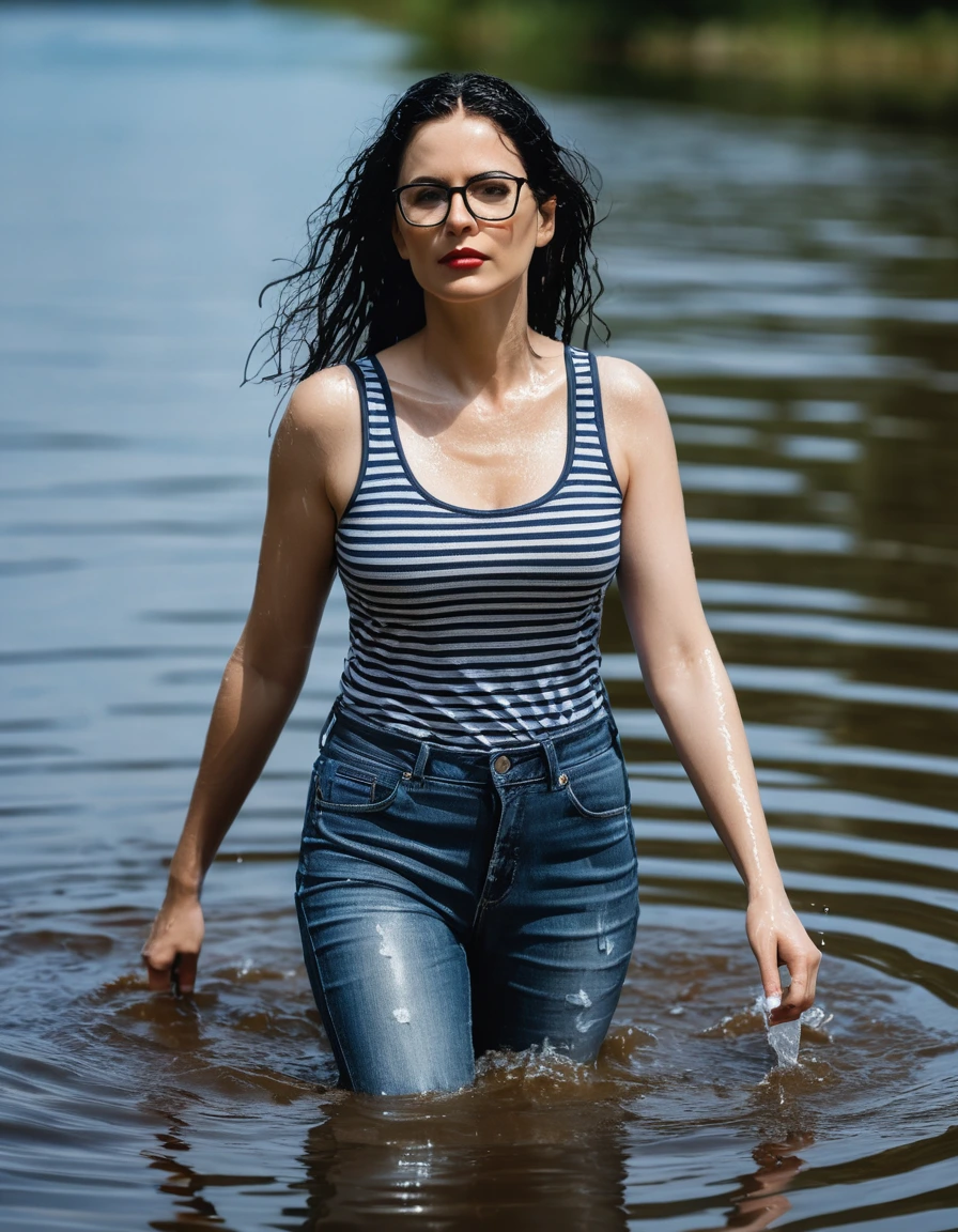 photo of young woman, in soaking wet, drenched clothes,
office shoes , long blue leather jeans, black & white striped tank top with short sleeves, walking submerged in sunny deep lake, 
enjoying, wet clothes stuck to body,
detailed textures of the wet clothes, wet face, wet plastered hair,
wet, drenched, professional, high-quality details, full body view.
sharp focus, ultra-high pixel detail, realistic, high-quality, full colors, incredibly detailed, 4k, 8k, 16k, hyper-realistic, RAW photo, masterpiece, ultra-detailed, professionally color graded, professional photograph, woman 51 years old, long black hair, very big and thick lips, office glasses, complete body, open mouth, dry skin, dry clothes, dry fabric