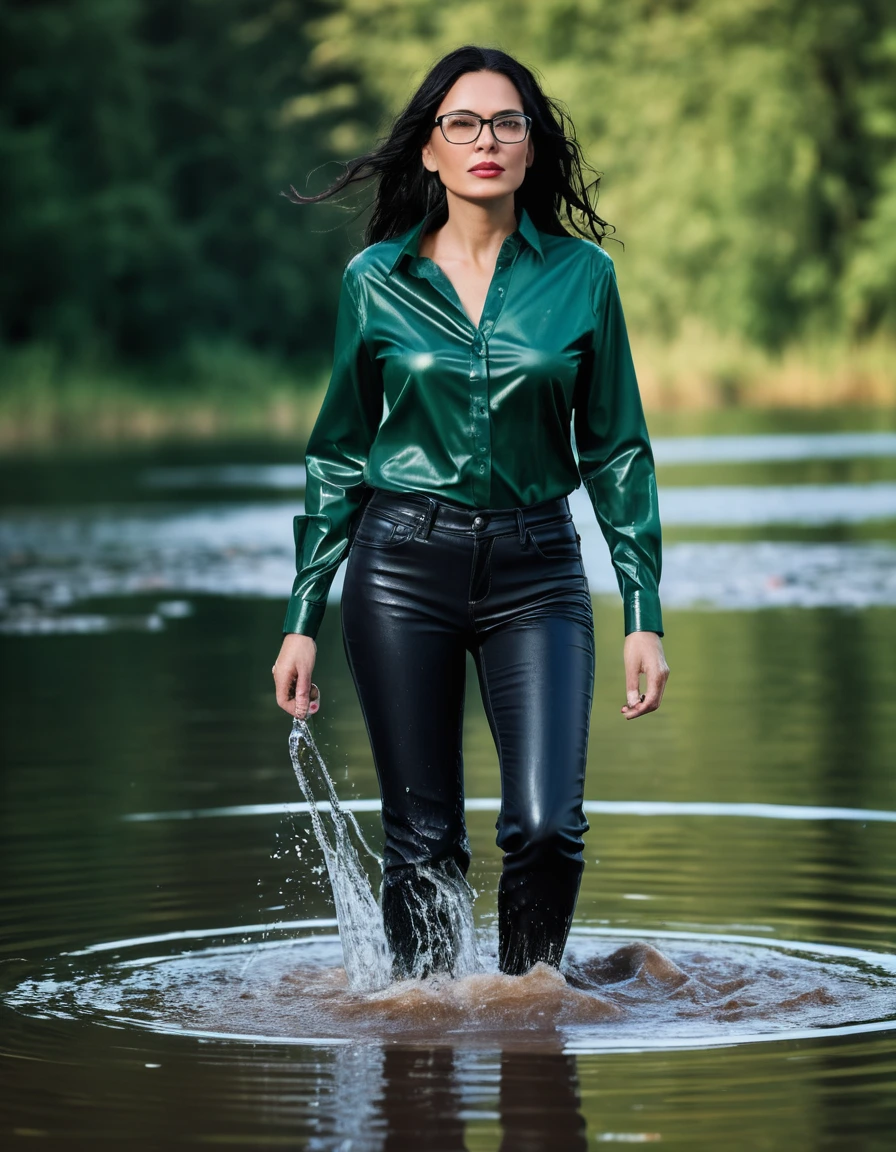 photo of young woman, in soaking wet, drenched clothes,
office shoes , long black leather jeans, dark green satin shirt with long sleeves, walking submerged in sunny deep lake, 
enjoying, wet clothes stuck to body,
detailed textures of the wet clothes, wet face, wet plastered hair,
wet, drenched, professional, high-quality details, full body view.
sharp focus, ultra-high pixel detail, realistic, high-quality, full colors, incredibly detailed, 4k, 8k, 16k, hyper-realistic, RAW photo, masterpiece, ultra-detailed, professionally color graded, professional photograph, woman 51 years old, long black hair, very big and thick lips, office glasses, complete body, open mouth, dry skin, dry clothes, dry fabric, dry skin, dry clothes, dry fabric