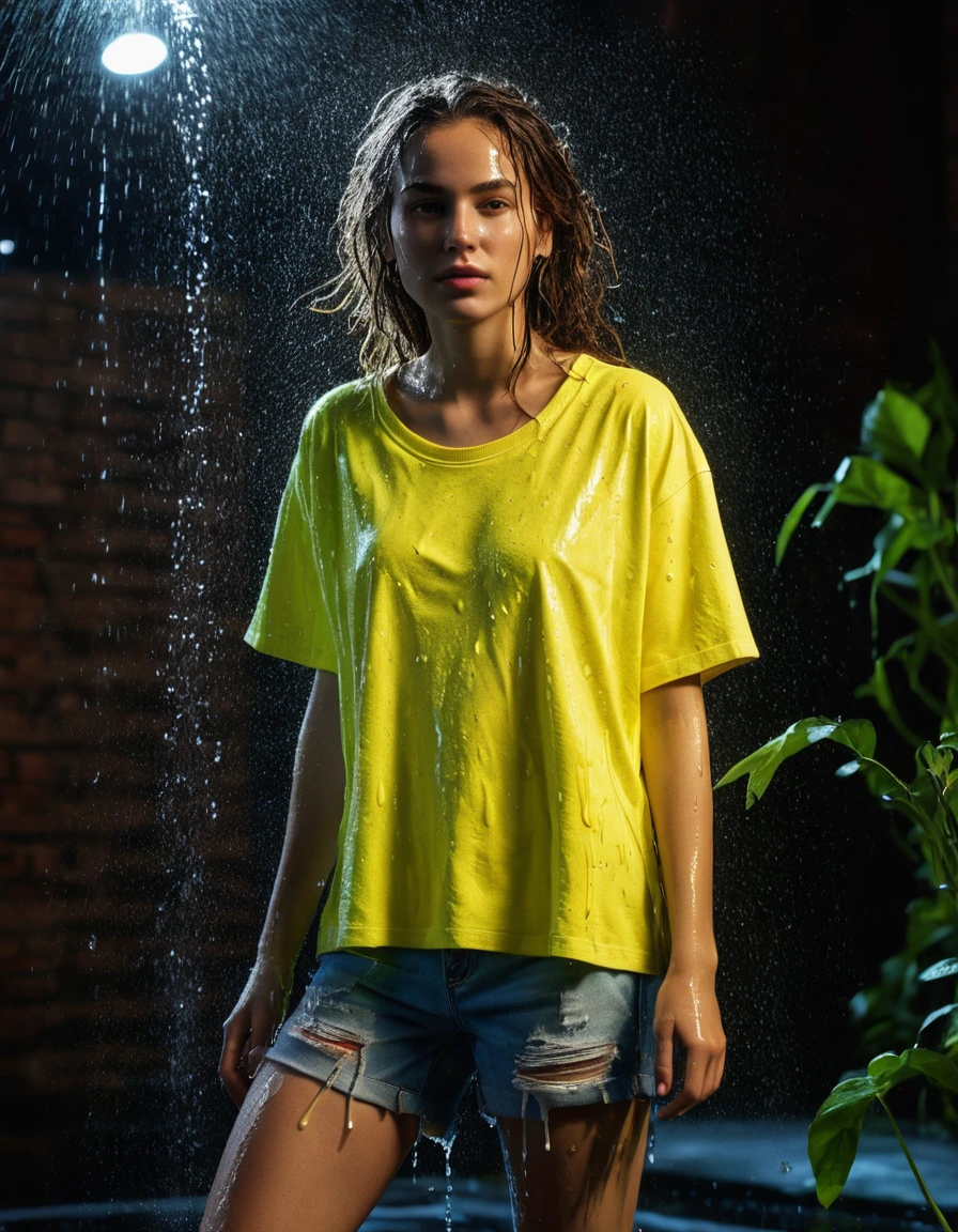 photo of young woman, in soaking wet, drenched clothes,
white canvas sneakers, soaked, light-wash denim shorts, dripping wet, oversized neon yellow cotton t-shirt, clinging to skin, urban apartment courtyard, night, 
enjoying, wet clothes stuck to body,
detailed textures of the wet clothes, wet face, wet plastered hair,
wet, drenched, professional, high-quality details, full body view.
sharp focus, ultra-high pixel detail, realistic, high-quality, full colors, incredibly detailed, 4k, 8k, 16k, hyper-realistic, RAW photo, masterpiece, ultra-detailed, professionally color graded, professional photograph, caught under broken garden sprinkler, intense flash photography, glossy water reflections on fabric, high contrast, cinematic droplets, glistening skin, dry skin, dry clothes, dry fabric