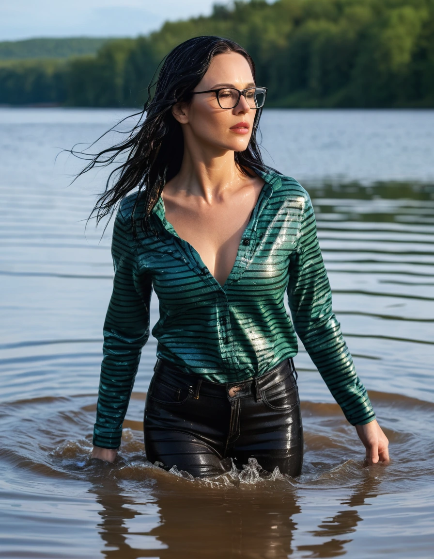 photo of young woman, in soaking wet, drenched clothes,
office shoes , long blue leather jeans, black & dark green striped tank top with long sleeves, walking submerged in sunny deep lake, 
enjoying, wet clothes stuck to body,
detailed textures of the wet clothes, wet face, wet plastered hair,
wet, drenched, professional, high-quality details, full body view.
sharp focus, ultra-high pixel detail, realistic, high-quality, full colors, incredibly detailed, 4k, 8k, 16k, hyper-realistic, RAW photo, masterpiece, ultra-detailed, professionally color graded, professional photograph, woman 51 years old, long black hair, very big and thick lips, office glasses, complete body, open mouth, dry skin, dry clothes, dry fabric