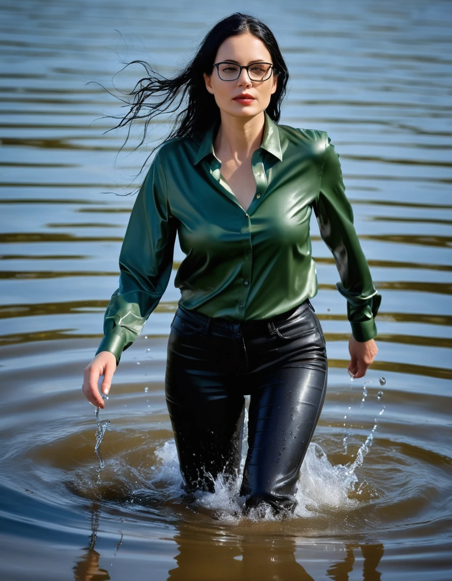 photo of young woman, in soaking wet, drenched clothes,
office shoes , long black leather jeans, dark green satin shirt with long sleeves, walking submerged in sunny deep lake, 
enjoying, wet clothes stuck to body,
detailed textures of the wet clothes, wet face, wet plastered hair,
wet, drenched, professional, high-quality details, full body view.
sharp focus, ultra-high pixel detail, realistic, high-quality, full colors, incredibly detailed, 4k, 8k, 16k, hyper-realistic, RAW photo, masterpiece, ultra-detailed, professionally color graded, professional photograph, woman 51 years old, long black hair, very big and thick lips, office glasses, complete body, open mouth, dry skin, dry clothes, dry fabric, dry skin, dry clothes, dry fabric