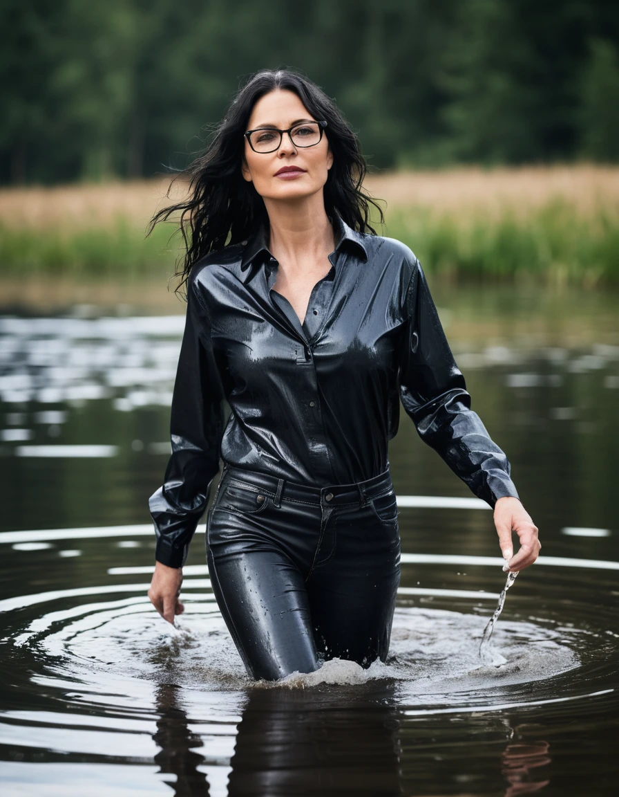 photo of young woman, in soaking wet, drenched clothes,
office shoes , long black leather jeans, black satin shirt with long sleeves, walking submerged in sunny deep lake, 
enjoying, wet clothes stuck to body,
detailed textures of the wet clothes, wet face, wet plastered hair,
wet, drenched, professional, high-quality details, full body view.
sharp focus, ultra-high pixel detail, realistic, high-quality, full colors, incredibly detailed, 4k, 8k, 16k, hyper-realistic, RAW photo, masterpiece, ultra-detailed, professionally color graded, professional photograph, woman 51 years old, long black hair, very big and thick lips, office glasses, complete body, open mouth, dry skin, dry clothes, dry fabric, dry skin, dry clothes, dry fabric
