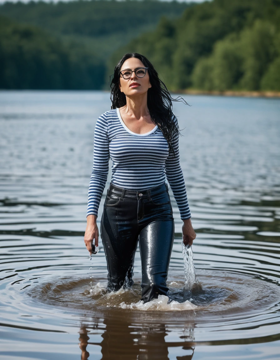 photo of young woman, in soaking wet, drenched clothes,
office shoes , long blue leather jeans, black & white striped tank top with long sleeves, walking submerged in sunny deep lake, 
enjoying, wet clothes stuck to body,
detailed textures of the wet clothes, wet face, wet plastered hair,
wet, drenched, professional, high-quality details, full body view.
sharp focus, ultra-high pixel detail, realistic, high-quality, full colors, incredibly detailed, 4k, 8k, 16k, hyper-realistic, RAW photo, masterpiece, ultra-detailed, professionally color graded, professional photograph, woman 51 years old, long black hair, very big and thick lips, office glasses, complete body, open mouth, dry skin, dry clothes, dry fabric