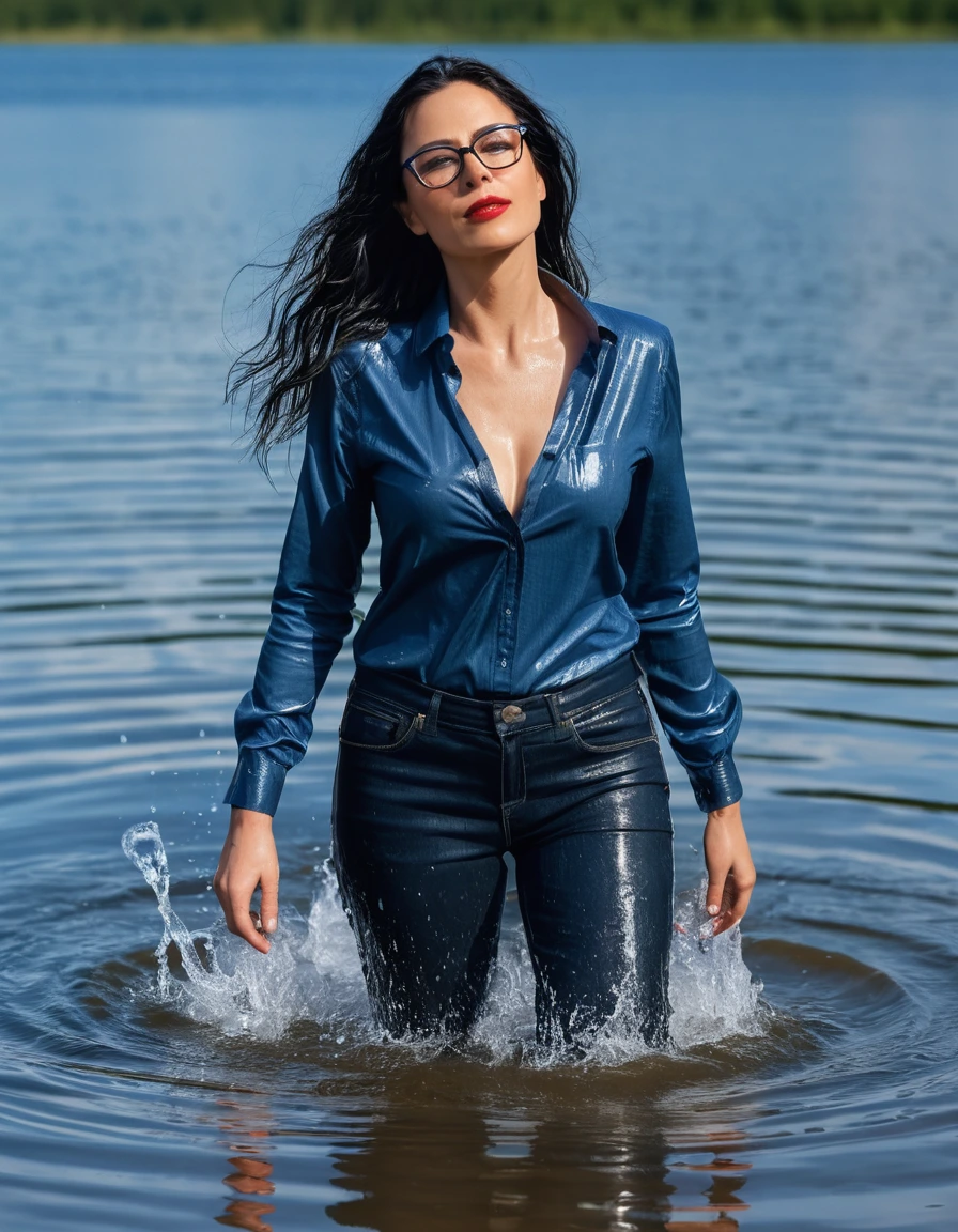 photo of young woman, in soaking wet, drenched clothes,
office shoes , long blue leather jeans, dark blue tank top with long sleeves, walking submerged in sunny deep lake, 
enjoying, wet clothes stuck to body,
detailed textures of the wet clothes, wet face, wet plastered hair,
wet, drenched, professional, high-quality details, full body view.
sharp focus, ultra-high pixel detail, realistic, high-quality, full colors, incredibly detailed, 4k, 8k, 16k, hyper-realistic, RAW photo, masterpiece, ultra-detailed, professionally color graded, professional photograph, woman 51 years old, long black hair, very big and thick lips, office glasses, complete body, open mouth, dry skin, dry clothes, dry fabric