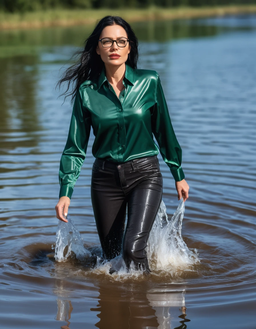 photo of young woman, in soaking wet, drenched clothes,
office shoes , long black leather jeans, dark green silk satin shirt with long sleeves, walking submerged in sunny deep lake, 
enjoying, wet clothes stuck to body,
detailed textures of the wet clothes, wet face, wet plastered hair,
wet, drenched, professional, high-quality details, full body view.
sharp focus, ultra-high pixel detail, realistic, high-quality, full colors, incredibly detailed, 4k, 8k, 16k, hyper-realistic, RAW photo, masterpiece, ultra-detailed, professionally color graded, professional photograph, woman 51 years old, long black hair, very big and thick lips, office glasses, complete body, open mouth, dry skin, dry clothes, dry fabric, dry skin, dry clothes, dry fabric