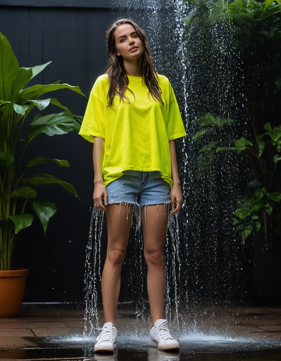 photo of young woman, in soaking wet, drenched clothes,
white canvas sneakers, soaked, light-wash denim shorts, dripping wet, neon yellow cotton t-shirt, clinging to skin, urban apartment courtyard, night, 
enjoying, wet clothes stuck to body,
detailed textures of the wet clothes, wet face, wet plastered hair,
wet, drenched, professional, high-quality details, full body view.
sharp focus, ultra-high pixel detail, realistic, high-quality, full colors, incredibly detailed, 4k, 8k, 16k, hyper-realistic, RAW photo, masterpiece, ultra-detailed, professionally color graded, professional photograph, caught under broken garden sprinkler, intense flash photography, glossy water reflections on fabric, high contrast, cinematic droplets, glistening skin, dry skin, dry clothes, dry fabric