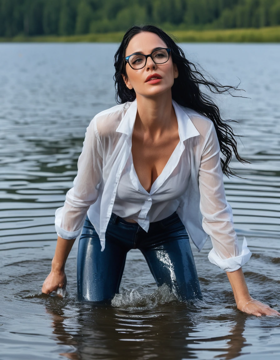 photo of young woman, in soaking wet, drenched clothes,
office shoes , long blue leather jeans, white tank top with long sleeves, walking submerged in sunny deep lake, 
enjoying, wet clothes stuck to body,
detailed textures of the wet clothes, wet face, wet plastered hair,
wet, drenched, professional, high-quality details, full body view.
sharp focus, ultra-high pixel detail, realistic, high-quality, full colors, incredibly detailed, 4k, 8k, 16k, hyper-realistic, RAW photo, masterpiece, ultra-detailed, professionally color graded, professional photograph, woman 51 years old, long black hair, very big and thick lips, office glasses, complete body, open mouth, dry skin, dry clothes, dry fabric
