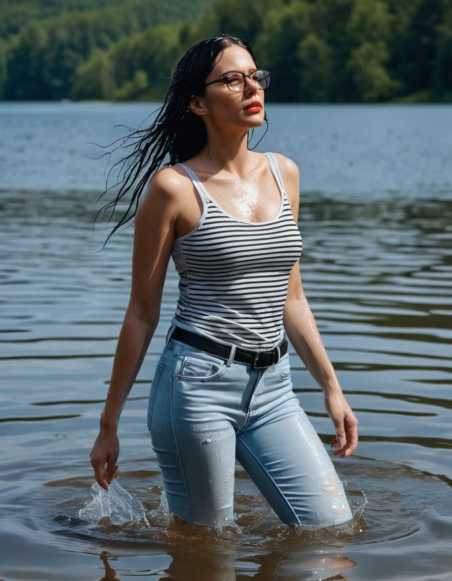 photo of young woman, in soaking wet, drenched clothes,
office shoes , long light blue leather jeans, black & white striped tank top with short sleeves, walking submerged in sunny deep lake, 
enjoying, wet clothes stuck to body,
detailed textures of the wet clothes, wet face, wet plastered hair,
wet, drenched, professional, high-quality details, full body view.
sharp focus, ultra-high pixel detail, realistic, high-quality, full colors, incredibly detailed, 4k, 8k, 16k, hyper-realistic, RAW photo, masterpiece, ultra-detailed, professionally color graded, professional photograph, woman 51 years old, long black hair, very big and thick lips, office glasses, complete body, open mouth, dry skin, dry clothes, dry fabric