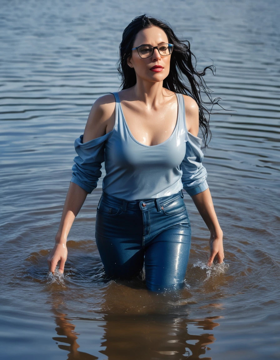 photo of young woman, in soaking wet, drenched clothes,
office shoes , long blue leather jeans, blue leather jeans tank top with long sleeves, walking submerged in sunny deep lake, 
enjoying, wet clothes stuck to body,
detailed textures of the wet clothes, wet face, wet plastered hair,
wet, drenched, professional, high-quality details, full body view.
sharp focus, ultra-high pixel detail, realistic, high-quality, full colors, incredibly detailed, 4k, 8k, 16k, hyper-realistic, RAW photo, masterpiece, ultra-detailed, professionally color graded, professional photograph, woman 51 years old, long black hair, very big and thick lips, office glasses, complete body, open mouth, dry skin, dry clothes, dry fabric, dry skin, dry clothes, dry fabric