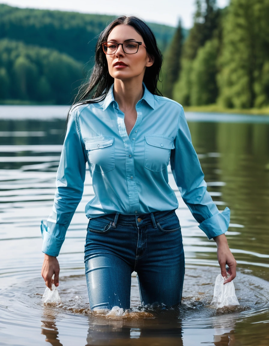 photo of young woman, in soaking wet, drenched clothes,
office shoes , long light blue leather jeans, light blue jeans shirt with long sleeves, walking submerged in sunny deep lake, 
enjoying, wet clothes stuck to body,
detailed textures of the wet clothes, wet face, wet plastered hair,
wet, drenched, professional, high-quality details, full body view.
sharp focus, ultra-high pixel detail, realistic, high-quality, full colors, incredibly detailed, 4k, 8k, 16k, hyper-realistic, RAW photo, masterpiece, ultra-detailed, professionally color graded, professional photograph, woman 51 years old, long black hair, very big and thick lips, office glasses, complete body, open mouth, dry skin, dry clothes, dry fabric, dry skin, dry clothes, dry fabric