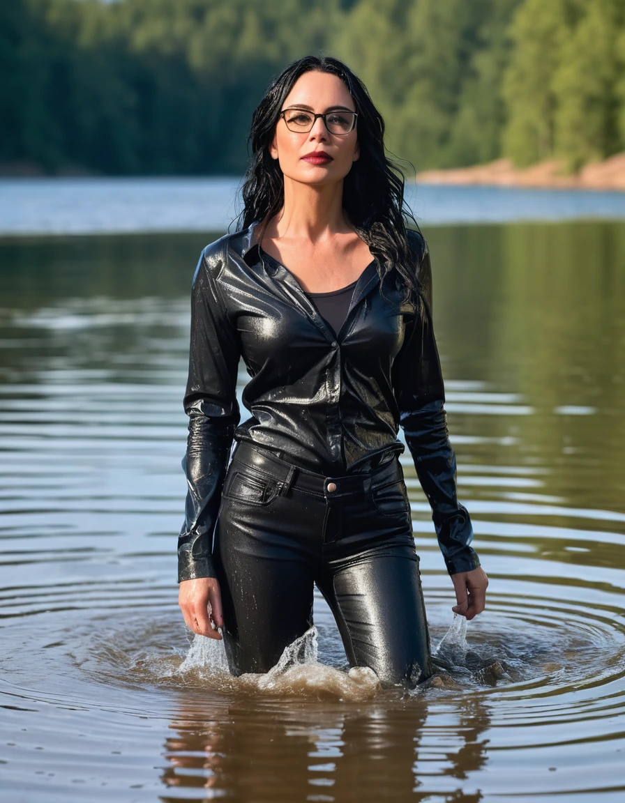 photo of young woman, in soaking wet, drenched clothes,
office shoes , long black leather jeans, black leather jeans tank top with long sleeves, walking submerged in sunny deep lake, 
enjoying, wet clothes stuck to body,
detailed textures of the wet clothes, wet face, wet plastered hair,
wet, drenched, professional, high-quality details, full body view.
sharp focus, ultra-high pixel detail, realistic, high-quality, full colors, incredibly detailed, 4k, 8k, 16k, hyper-realistic, RAW photo, masterpiece, ultra-detailed, professionally color graded, professional photograph, woman 51 years old, long black hair, very big and thick lips, office glasses, complete body, open mouth, dry skin, dry clothes, dry fabric, dry skin, dry clothes, dry fabric