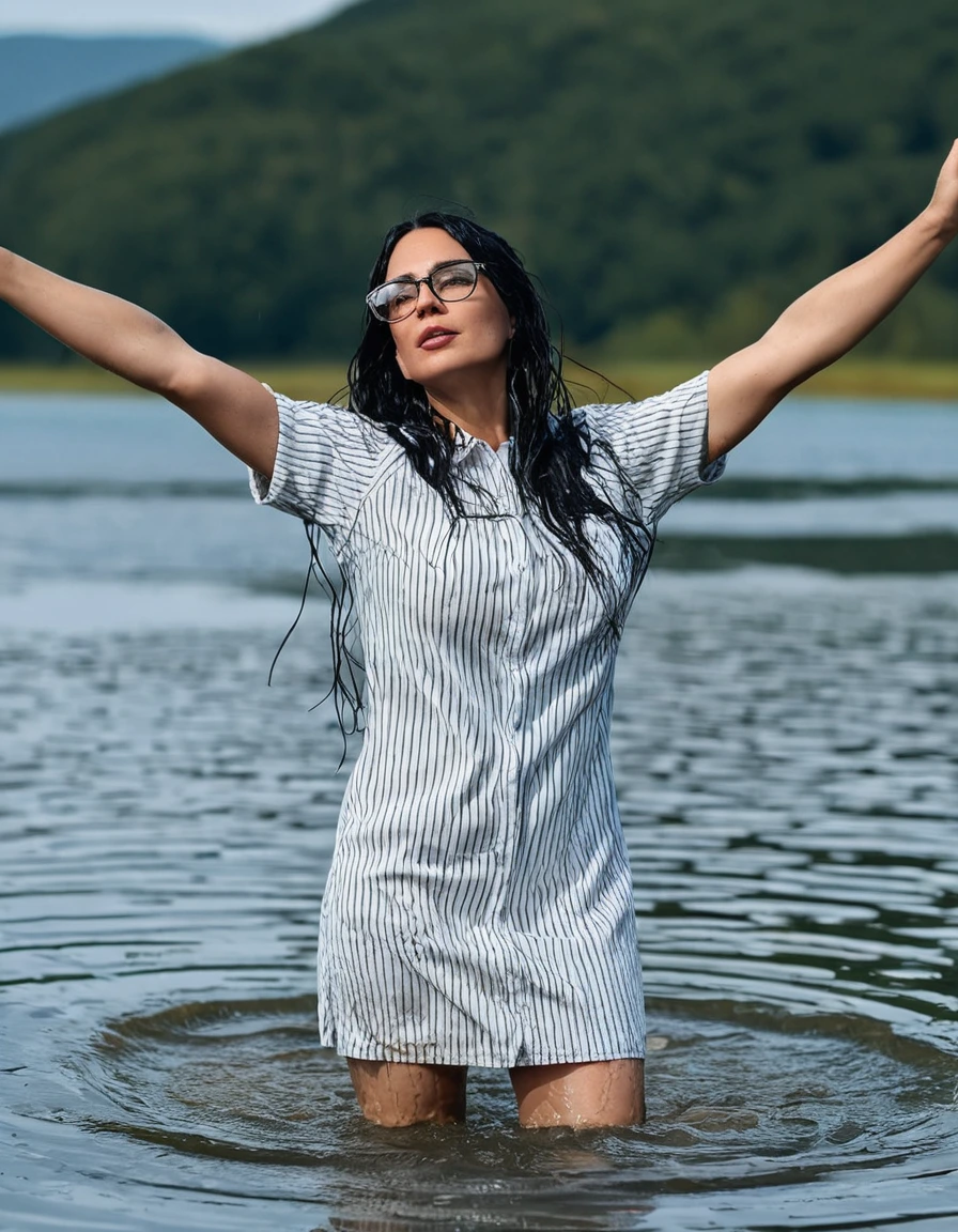 photo of young woman, in soaking wet, drenched clothes,
office shoes , white & black striped t-shirt dress with short sleeves, white & black striped t-shirt dress with short sleeves, walking in sunny deep lake, 
enjoying, wet clothes stuck to body,
detailed textures of the wet clothes, wet face, wet plastered hair,
wet, drenched, professional, high-quality details, full body view.
sharp focus, ultra-high pixel detail, realistic, high-quality, full colors, incredibly detailed, 4k, 8k, 16k, hyper-realistic, RAW photo, masterpiece, ultra-detailed, professionally color graded, professional photograph, woman 51 years old, long black hair, very big and thick lips, office glasses, complete body, open mouth, hands in the air, dry skin, dry clothes, dry fabric, dry skin, dry clothes, dry fabric, dry skin, dry clothes, dry fabric, dry skin, dry clothes, dry fabric