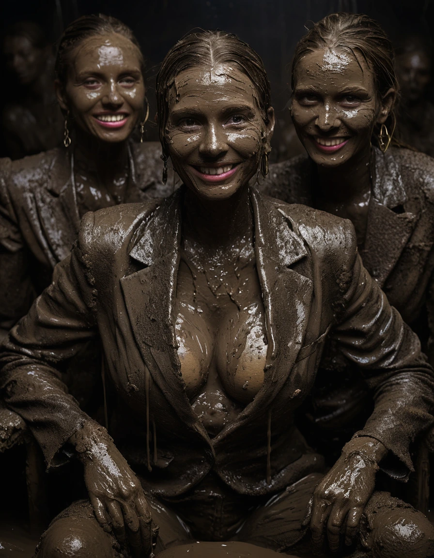 photo of young woman, in soaking wet, drenched clothes,
Muddy high heels, Long very muddy suit pants, Full muddy ruined fully-opened unbuttoned sexy blazer like a fancy uniform over topless with super sexy cleavage and exposed huge saggy boobs., Dark muddy indoor disco club at night. Deep mud on the floor, mud splashed walls, dripping mud from above, very dark mood lighting with pink and blue neon lights from above. Muddy chairs and sofas in the background. , 
enjoying, wet clothes stuck to body,
detailed textures of the wet clothes, wet face, wet plastered hair,
wet, drenched, professional, high-quality details, full body view.
sharp focus, ultra-high pixel detail, realistic, high-quality, full colors, incredibly detailed, 4k, 8k, 16k, hyper-realistic, RAW photo, masterpiece, ultra-detailed, professionally color graded, professional photograph, Three stunning blonde 60 years old beautiful gleaming grannies are wallowing together in the deep muddy pool after a full dip in it and holding a glass of champagne in their hands during the crazy muddy indoor disco party at night and posing for a professional photo. They are proudly wearing their fully and heavily mud-covered unbuttoned and opened sexy suits which fully exposing their large sexy and saggy muddy boobs. Focus on the large muddy cleavages of the blazers and on the bravely displayed large muddy heavy saggy boobs. Every small details of the clothes are muddy, muddy beautiful faces, muddy chests and boobs. Their blazer has the same colour as their muddy pants. The classy elegant disco club is totally destroyed by mud, mud spots everywhere, mud flows down on the walls, mud on the furnitures in the background. Straight muddy very long open wavy hairstyle, muddy hair, smiling and satisfied beautiful muddy faces, blue eyes, necklaces, earrings, lipstick. The women are enjoying to being total muddy in the muddy pool, being sexy, naughty while they are enjoying the muddy fetish party. Realistic muddy boobs and photorealistic detailed smiling facial expressions. Intimate close-up picture about the women. Close-up photo from front view, highly realistic representation, ultra sharp focus, highly photorealistic detailed textures, highly photorealistic detailed facial features and expressions, highly photorealistic hands, highly emotional reactions, highly best quality, highly sharp photorealistic image, highly photorealistic details, full UHD resolution, 32 K, very high level of detail and image sharpness, zoomed in, dry skin, dry clothes, dry fabric, dry skin, dry clothes, dry fabric, dry skin, dry clothes, dry fabric, dry skin, dry clothes, dry fabric, dry skin, dry clothes, dry fabric, dry skin, dry clothes, dry fabric