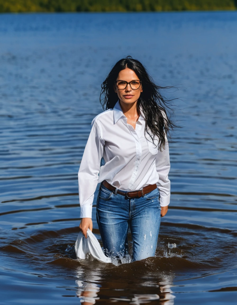 photo of young woman, in soaking wet, drenched clothes,
office shoes , wet long blue jeans shinning, wet white & blue jeans shirt with long sleeves shinning, walking submerged in sunny deep lake, 
enjoying, wet clothes stuck to body,
detailed textures of the wet clothes, wet face, wet plastered hair,
wet, drenched, professional, high-quality details, full body view.
sharp focus, ultra-high pixel detail, realistic, high-quality, full colors, incredibly detailed, 4k, 8k, 16k, hyper-realistic, RAW photo, masterpiece, ultra-detailed, professionally color graded, professional photograph, woman 51 years old, long black hair, very big and thick lips, office glasses, complete body, open mouth, dry skin, dry clothes, dry fabric